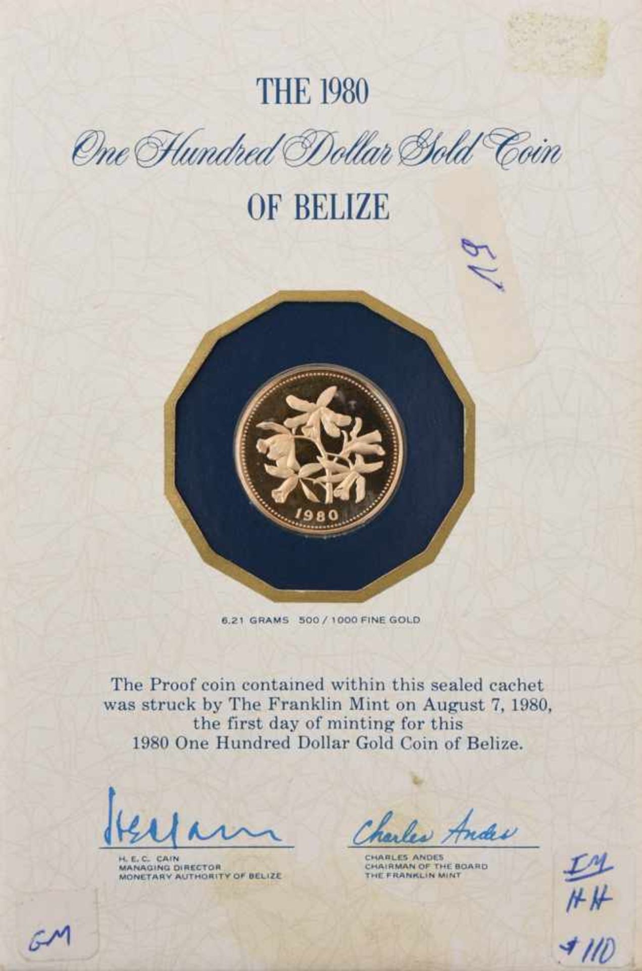GOLDMÜNZE, Belize 100 Dollar, 1980 (19)6,21 gramm 500er Gold