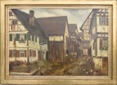 A.KIELWEIN, Einblick ins Dorf mit französischen Flaggen, Öl auf PLatte, Deutschland,1915.Gerahmt und