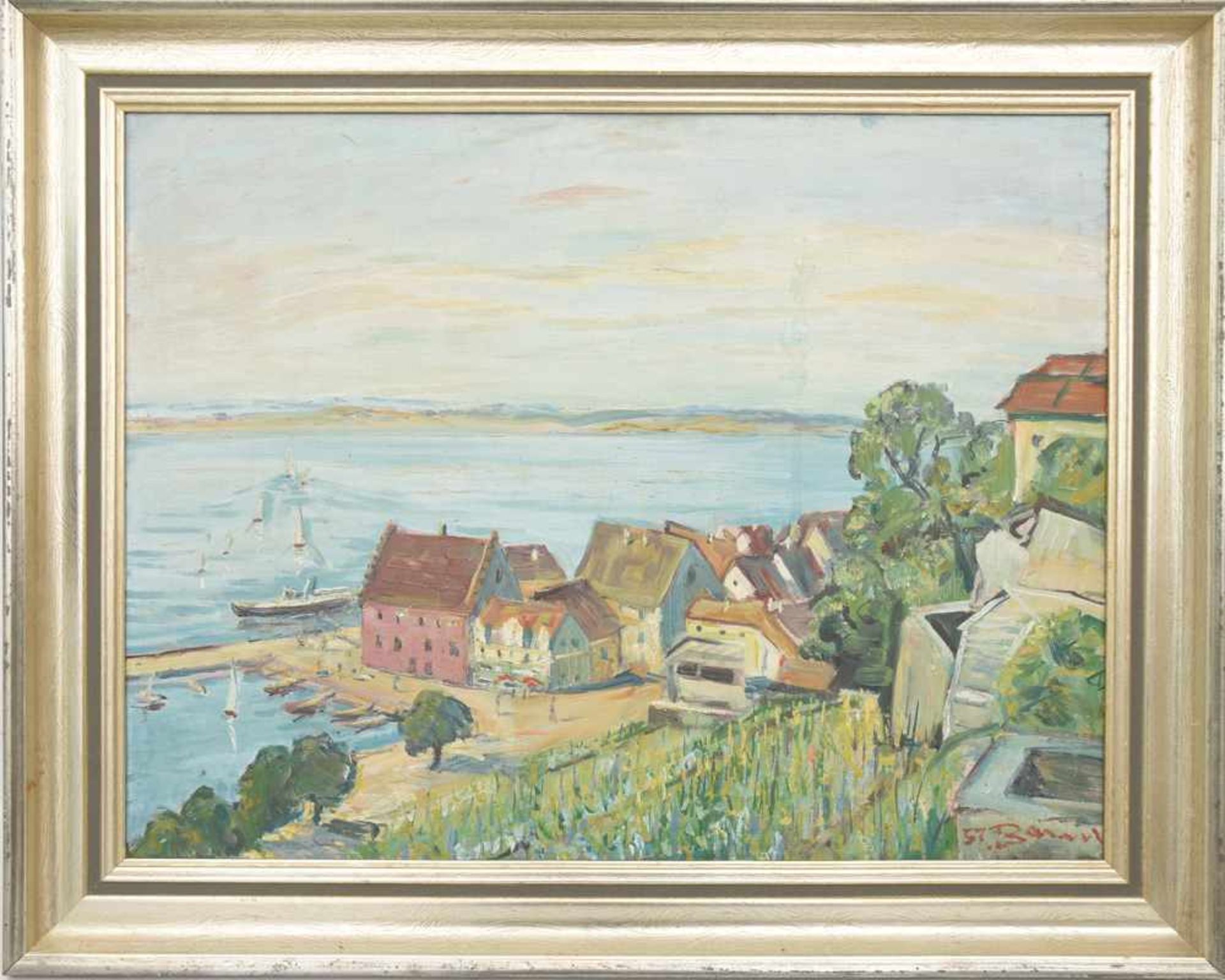 UNBEKANNTER KÜNSTLER, Dorf am Ufer, Acryl/Platte, 20.Gerahmt und in gutem Zustand.75 x 60 cm.