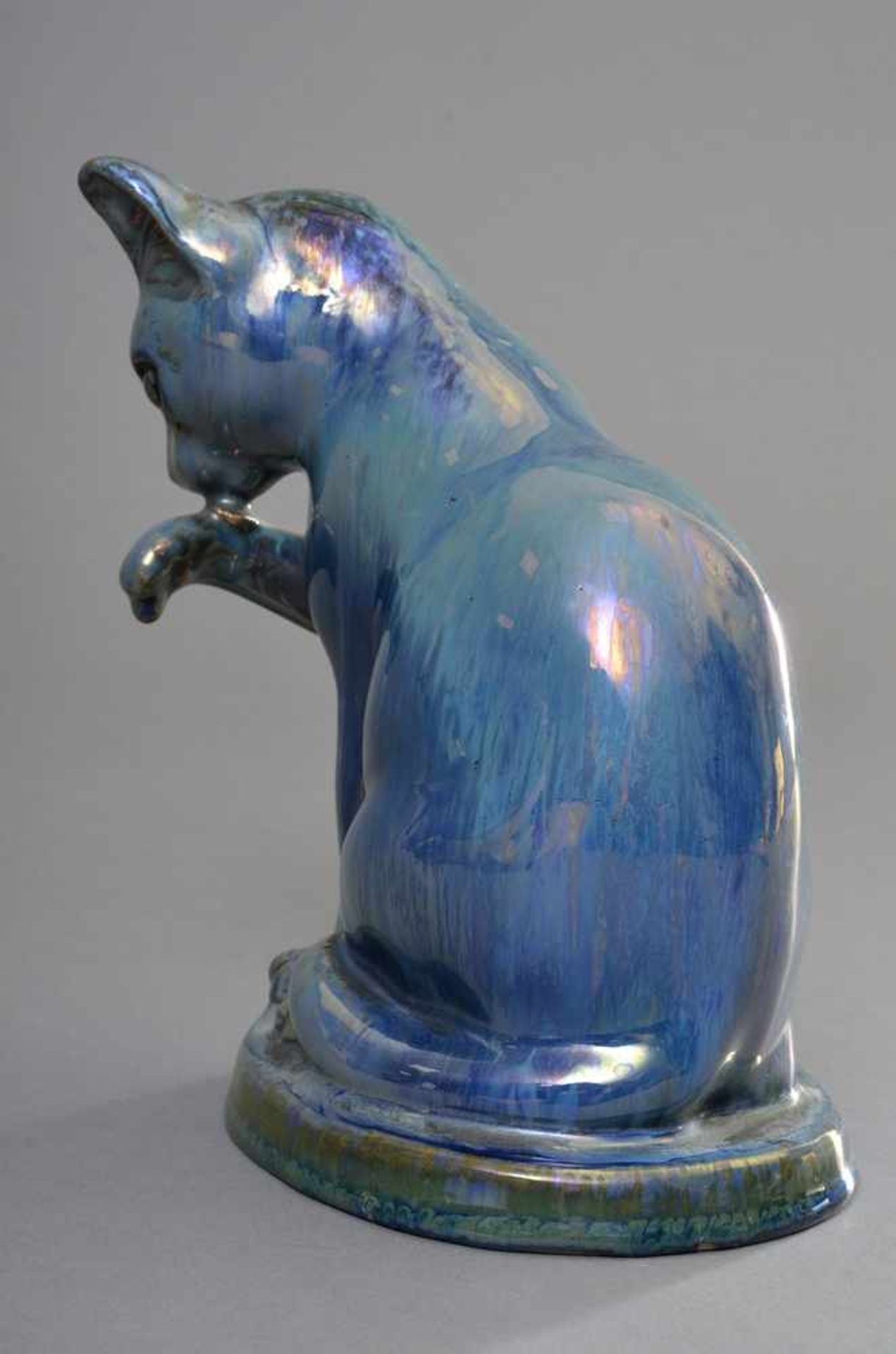 Keramik Figur "Sitzende Katze", blaue Lüsterglasur mit Glasaugen, Herst.: "Gres de Rambervillers", - Bild 2 aus 5