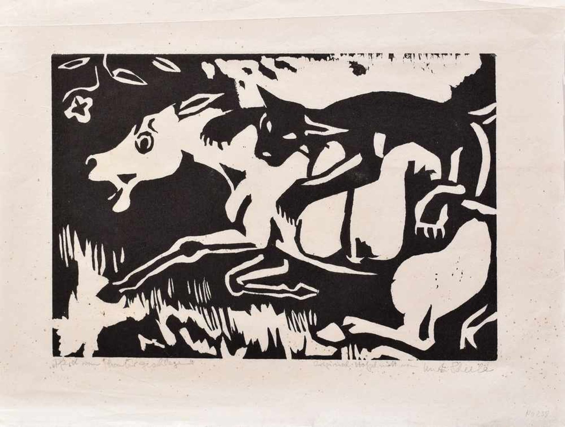 2 Diverse Scheele, Kurt (1905-1944) Holzschnitte "Heulende Hunde"/"Pferd vom Phanter geschlagen", - Bild 2 aus 2