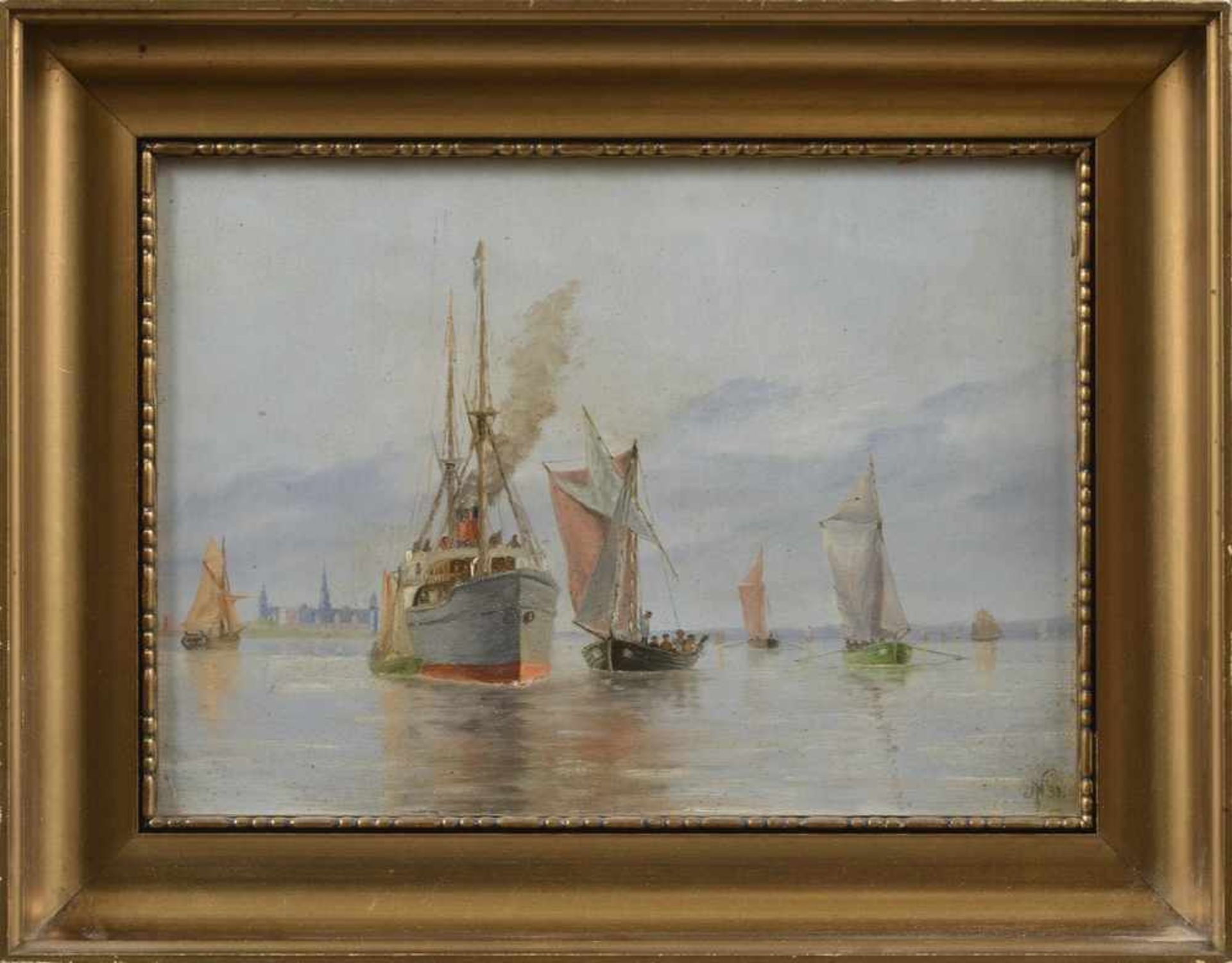 Dän. Marinemaler des 19.Jh. "Dampfschiff und Segelboote" 1893, Öl/Pappe, u.r.monogrammiert/dat., - Bild 2 aus 4