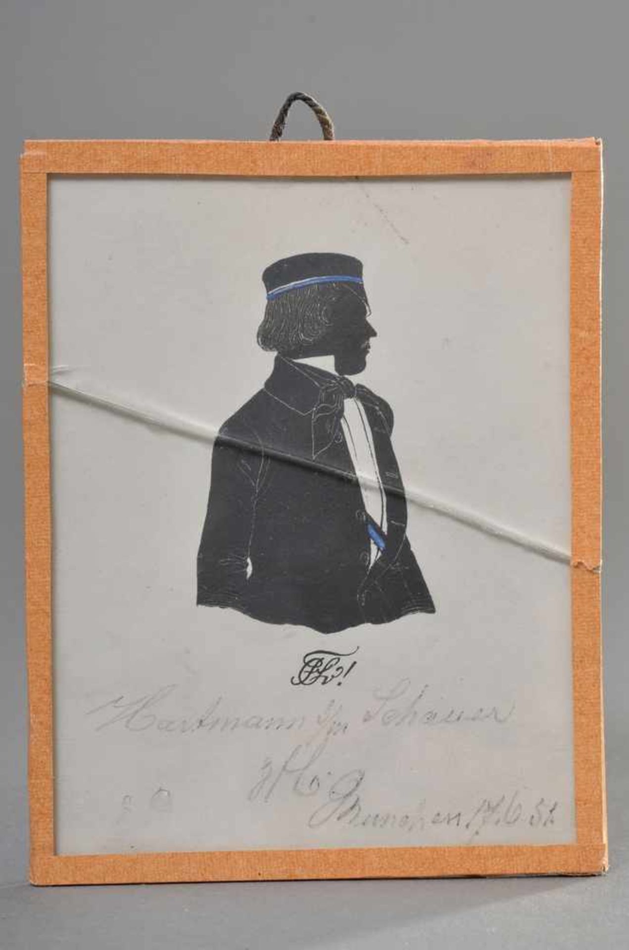 Studenten Silhouette: Hartmann s./l. Schauer, Corps Suevia München, 17.6.1851, in alter Rahmung,