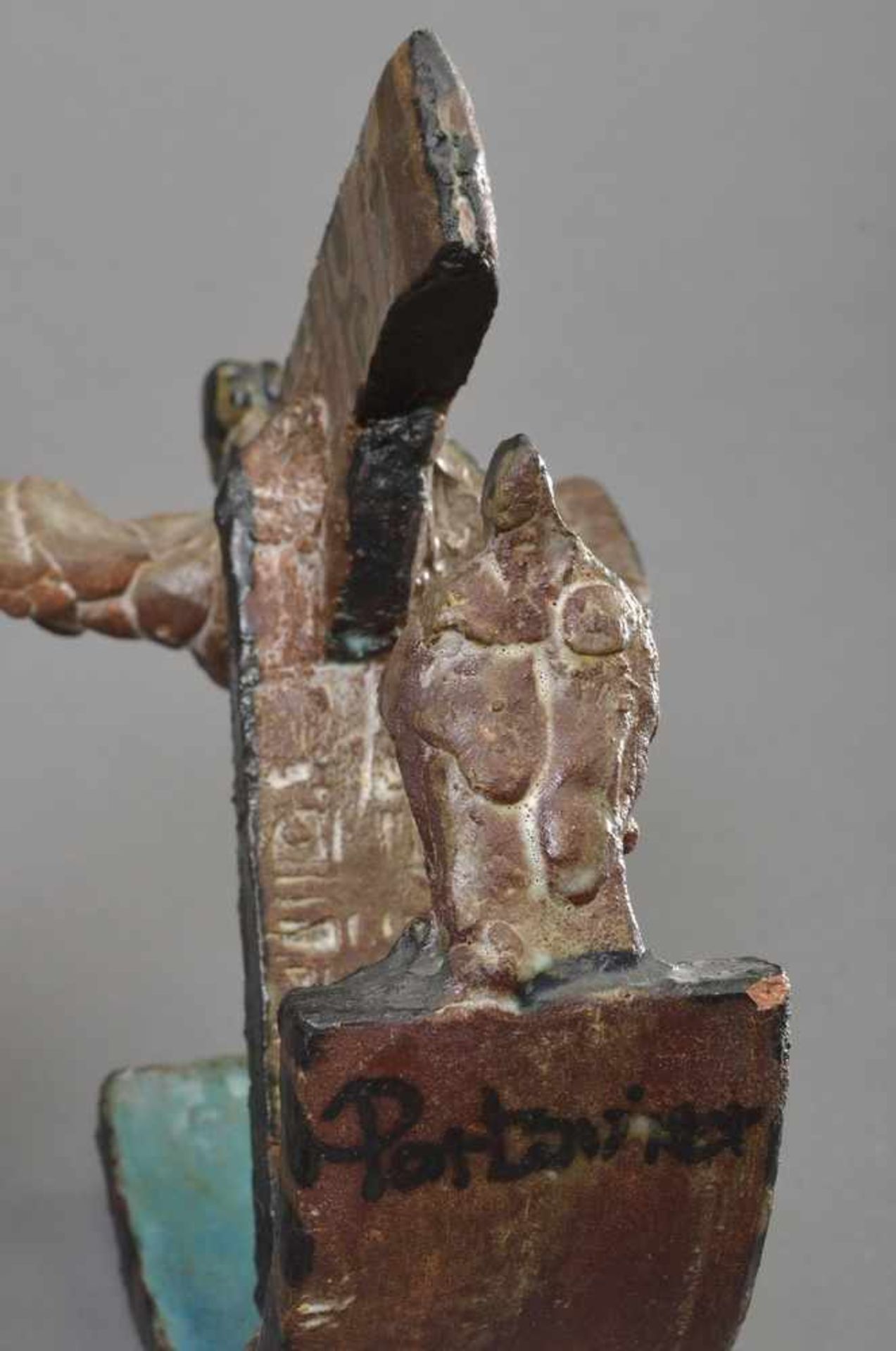 Portanier, Gilbert (*1926) "Vogel-Schiff", farbig glasierte Keramik Skulptur, H. 21cm, rest. - Bild 3 aus 4