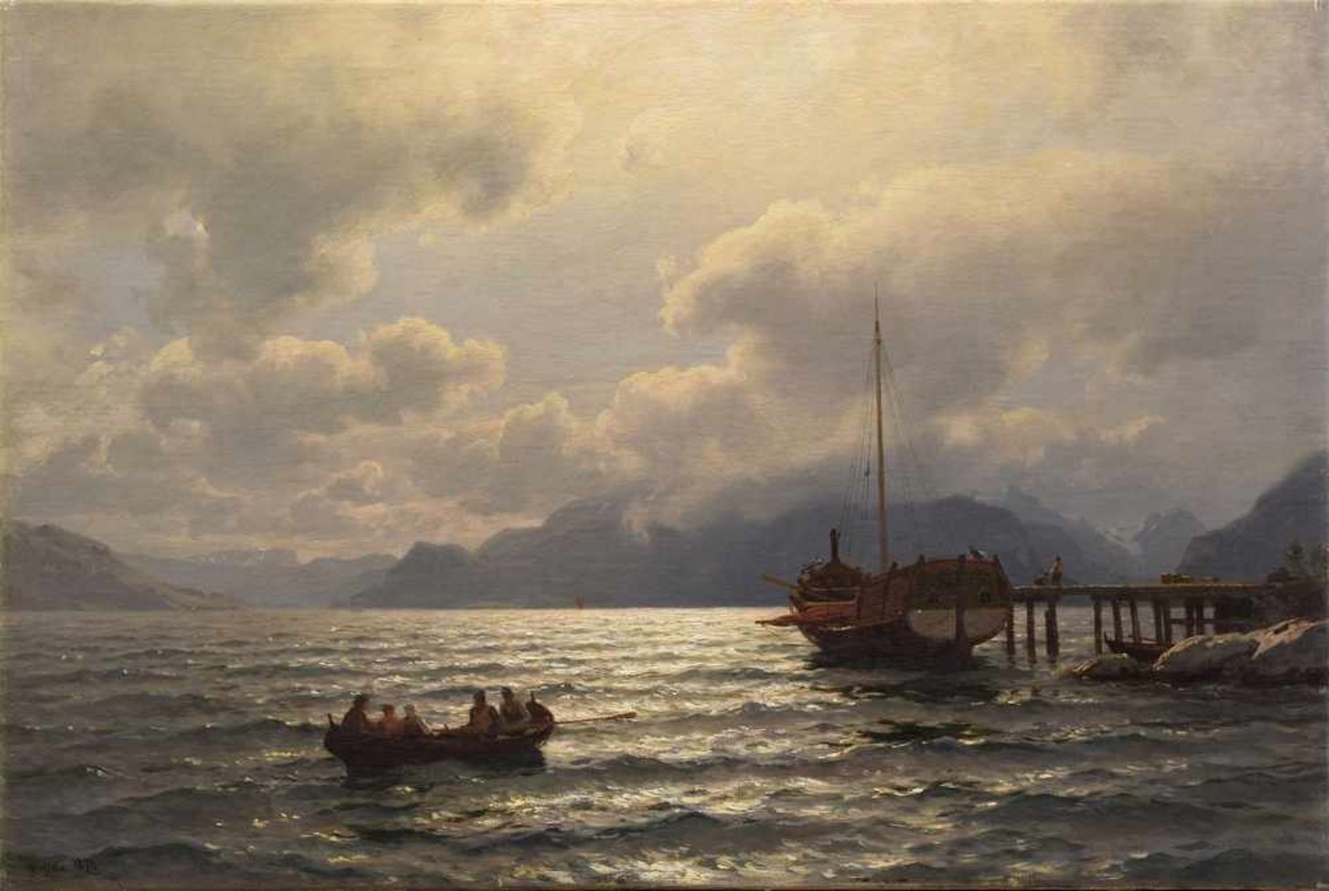 Gude, Hans Frederik (1825-1907) "Vor dem Anlegesteg" 1874, Öl/Leinwand, u.l.sign./dat., 54,5x79cm (