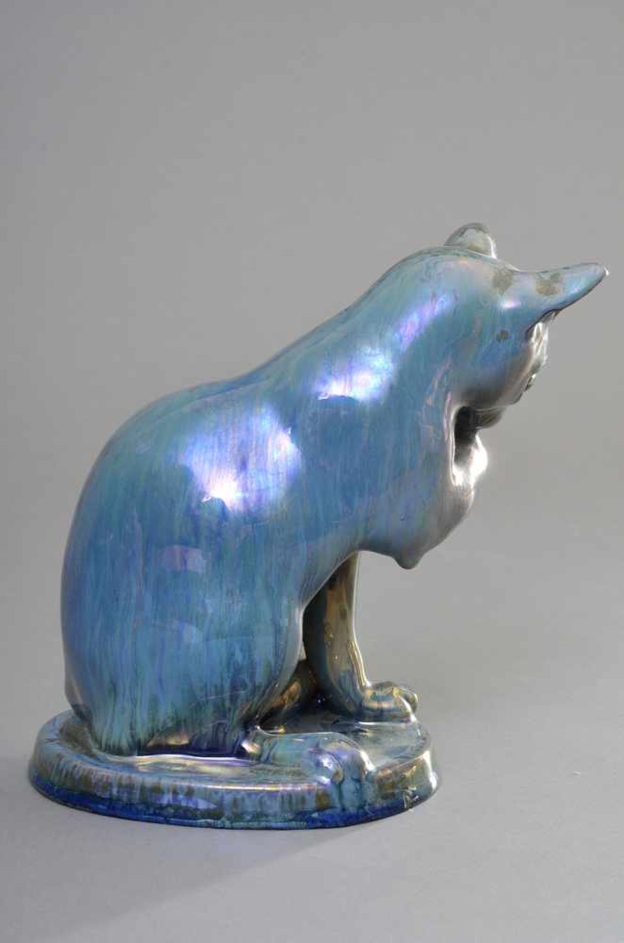 Keramik Figur "Sitzende Katze", blaue Lüsterglasur mit Glasaugen, Herst.: "Gres de Rambervillers", - Bild 3 aus 5