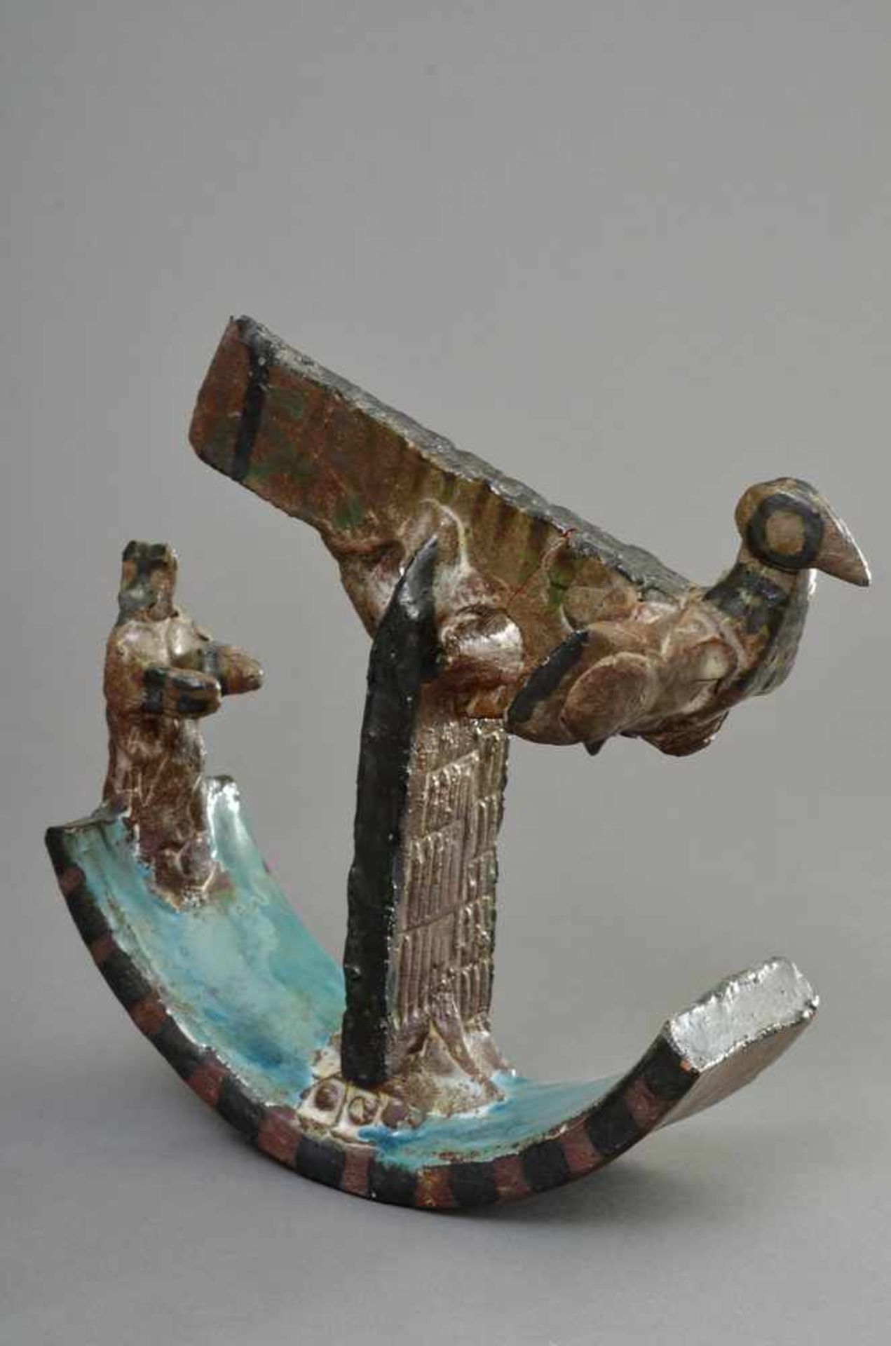 Portanier, Gilbert (*1926) "Vogel-Schiff", farbig glasierte Keramik Skulptur, H. 21cm, rest.