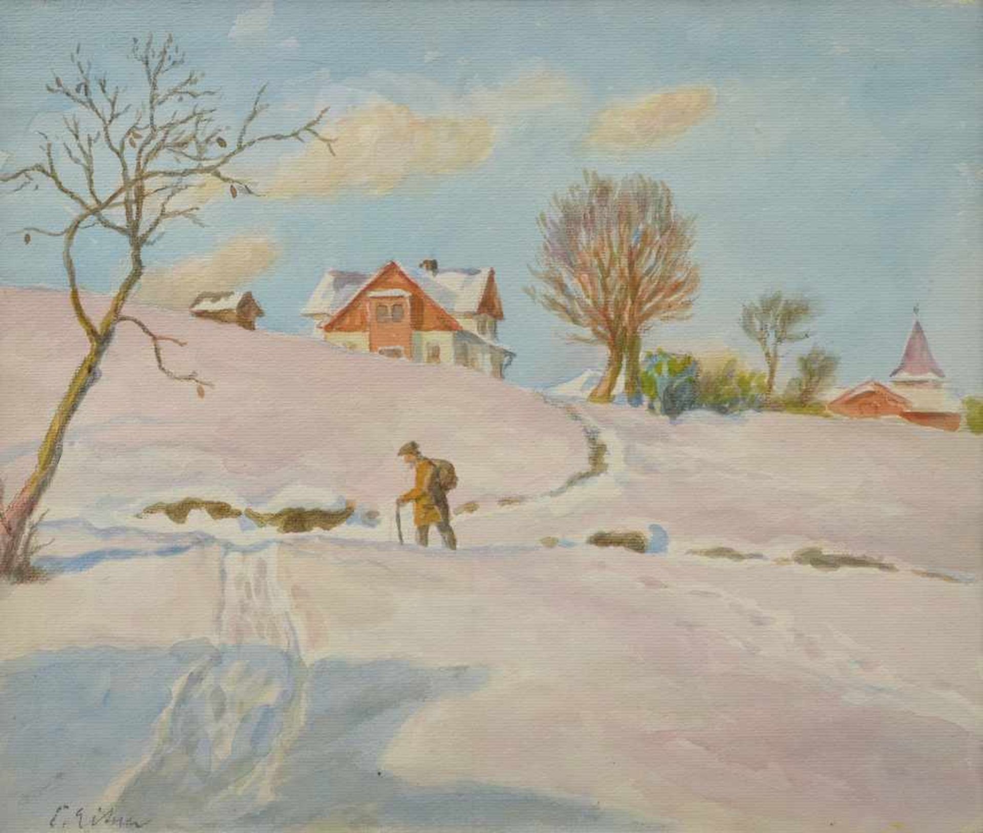 Eitner, Ernst (1867-1955) "Winter in Hain im Riesengebirge", Aquarell, u.l.sign., verso Stempel: "