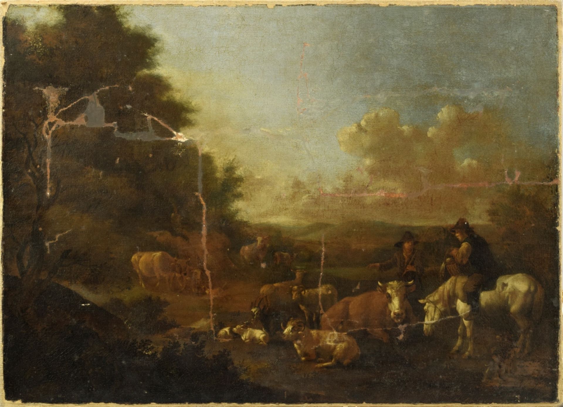 Unbekannter Künstler des 18.Jh. "Pastorale Szene mit Viehherde und Personenstaffage" in Art