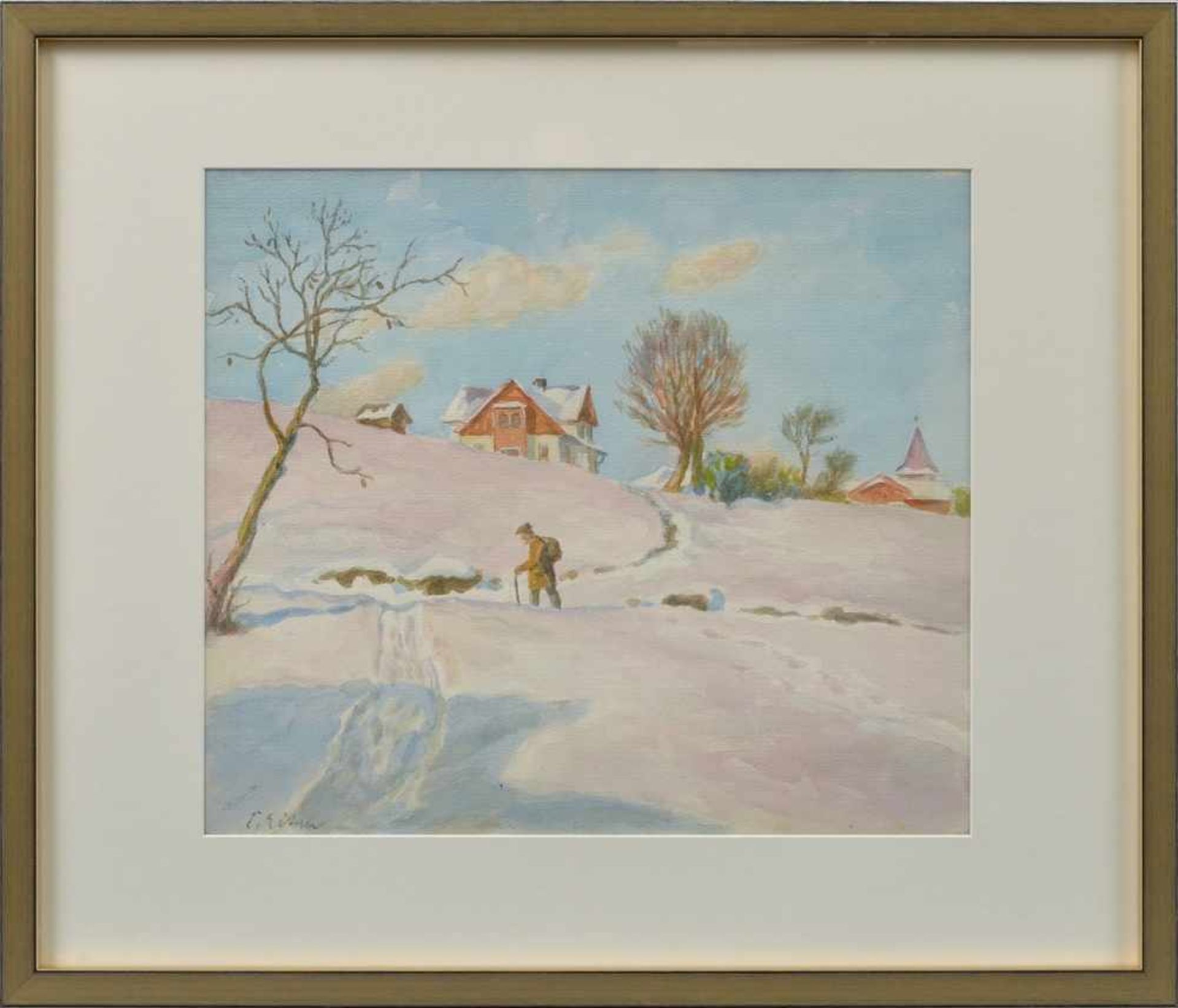 Eitner, Ernst (1867-1955) "Winter in Hain im Riesengebirge", Aquarell, u.l.sign., verso Stempel: " - Bild 2 aus 3
