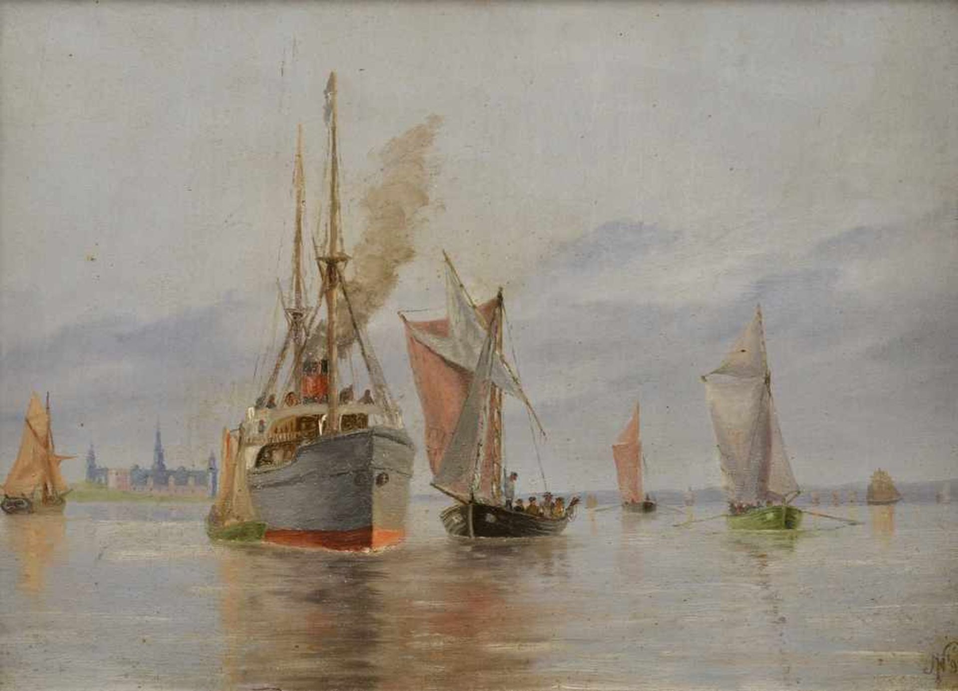 Dän. Marinemaler des 19.Jh. "Dampfschiff und Segelboote" 1893, Öl/Pappe, u.r.monogrammiert/dat.,