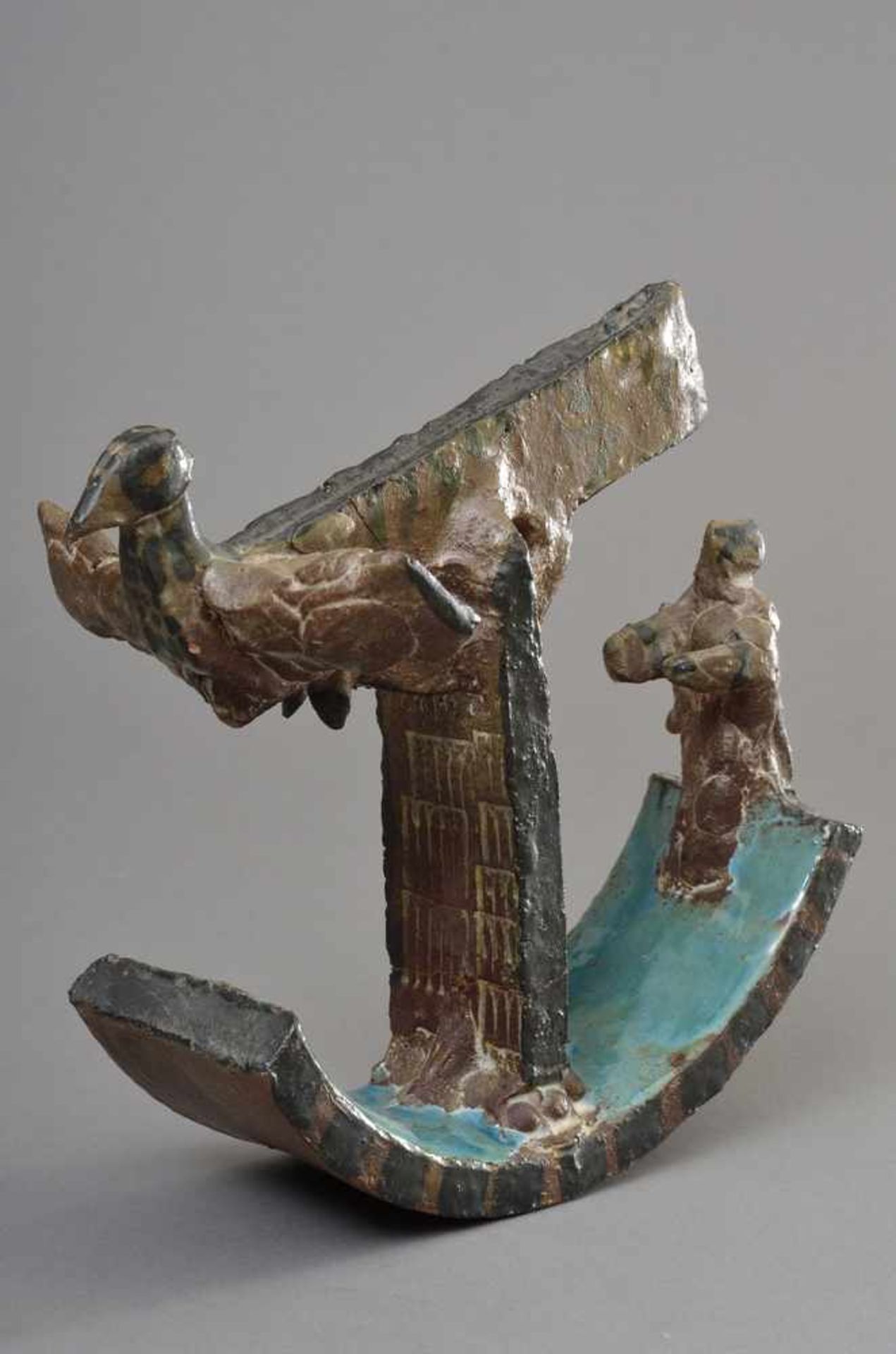 Portanier, Gilbert (*1926) "Vogel-Schiff", farbig glasierte Keramik Skulptur, H. 21cm, rest. - Bild 4 aus 4