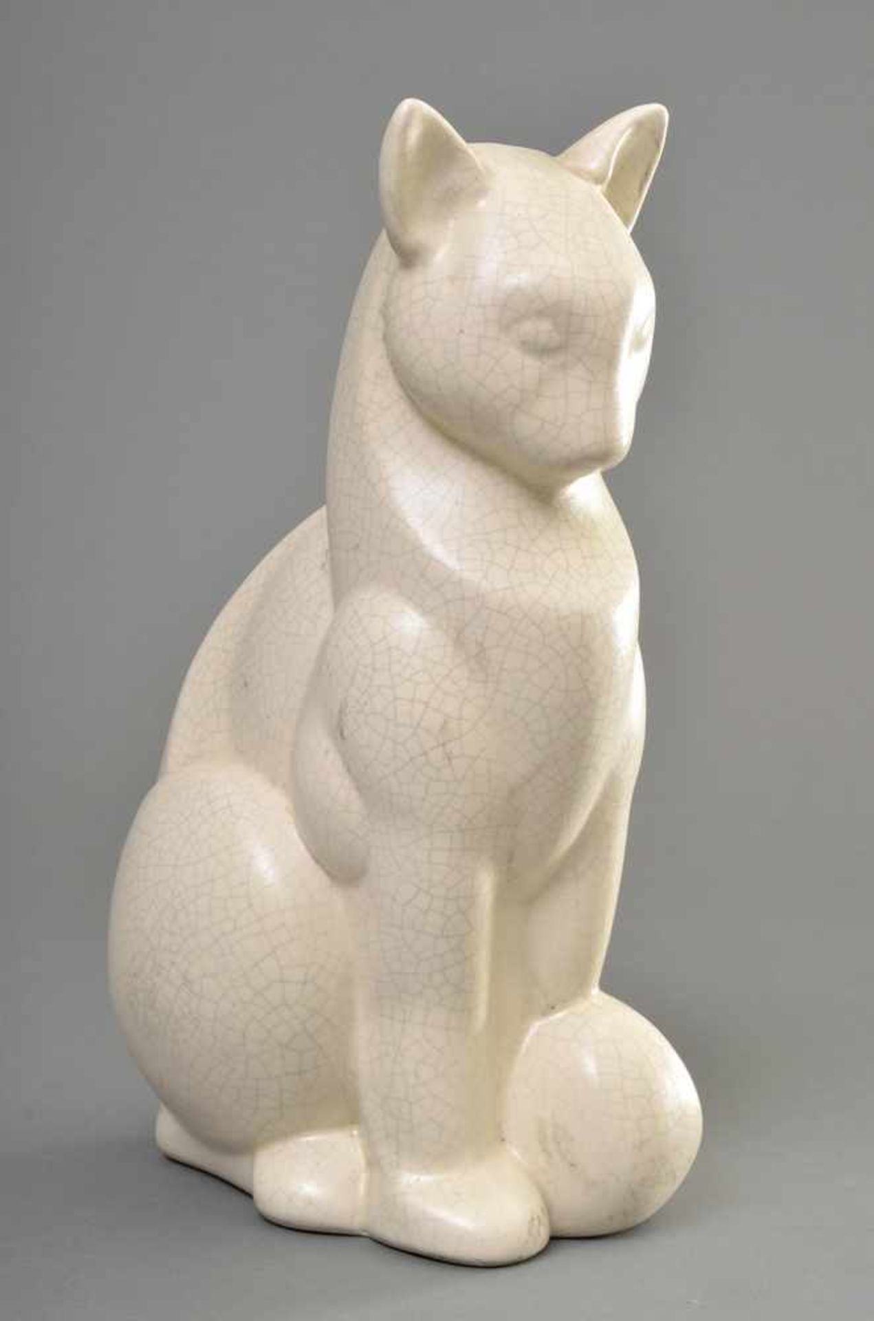 Art Deco Keramik Figur "Sitzende Katze", helle, matte Glasur mit feinem Craquelé, H. 28,5cm - Bild 2 aus 4
