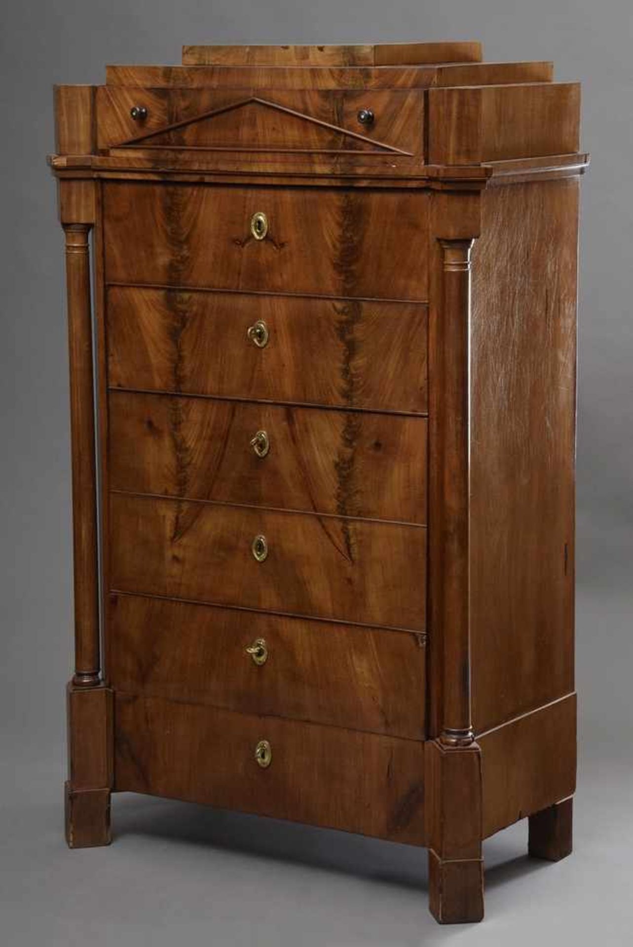 Biedermeier Tallboy Kommode mit seitlichen Säulen, Mahagoni/Weichholz furniert, 150x100x53cm,