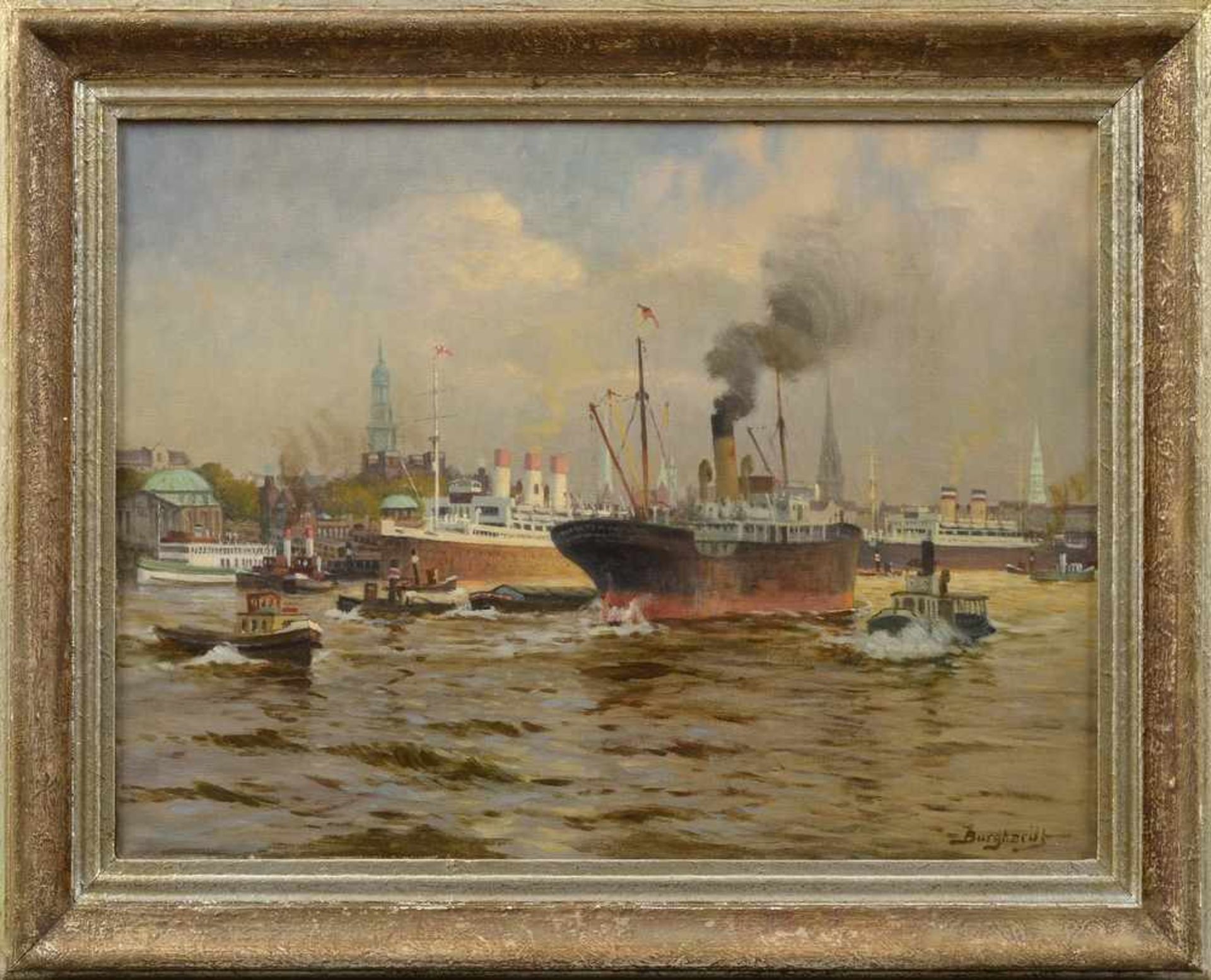 Burghardt, Gustav Paul (1875-1955) "Dampfer vor den Landungsbrücken", Öl/Leinwand, u.r.sign., - Bild 2 aus 4