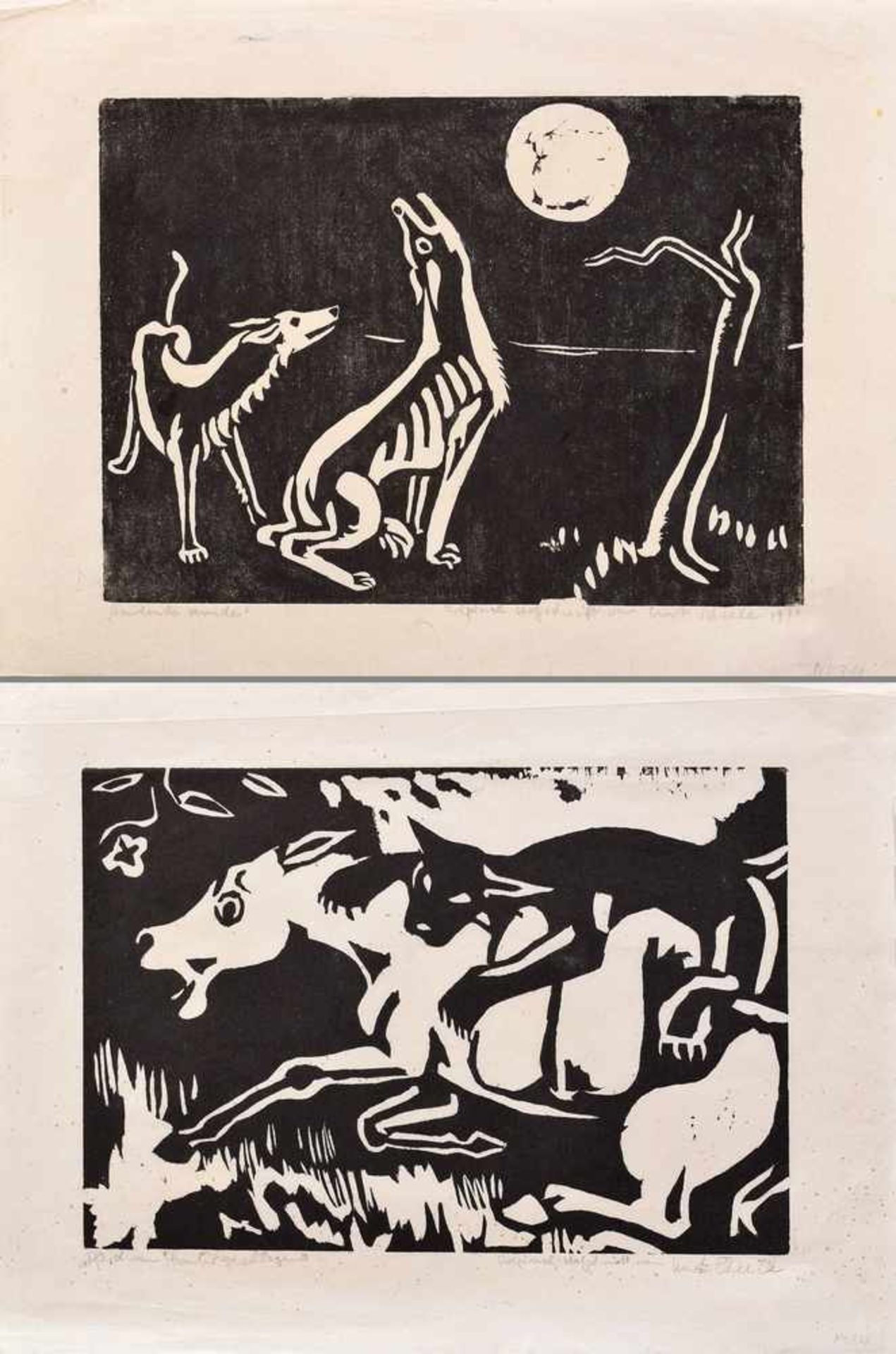 2 Diverse Scheele, Kurt (1905-1944) Holzschnitte "Heulende Hunde"/"Pferd vom Phanter geschlagen",