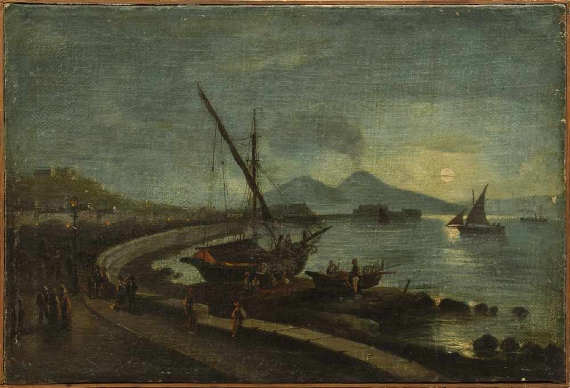 Künstler des 19.Jh. "Bucht von Neapel bei Nacht", Öl/Leinwand, 51x75 (m.R.52.5x77cm)