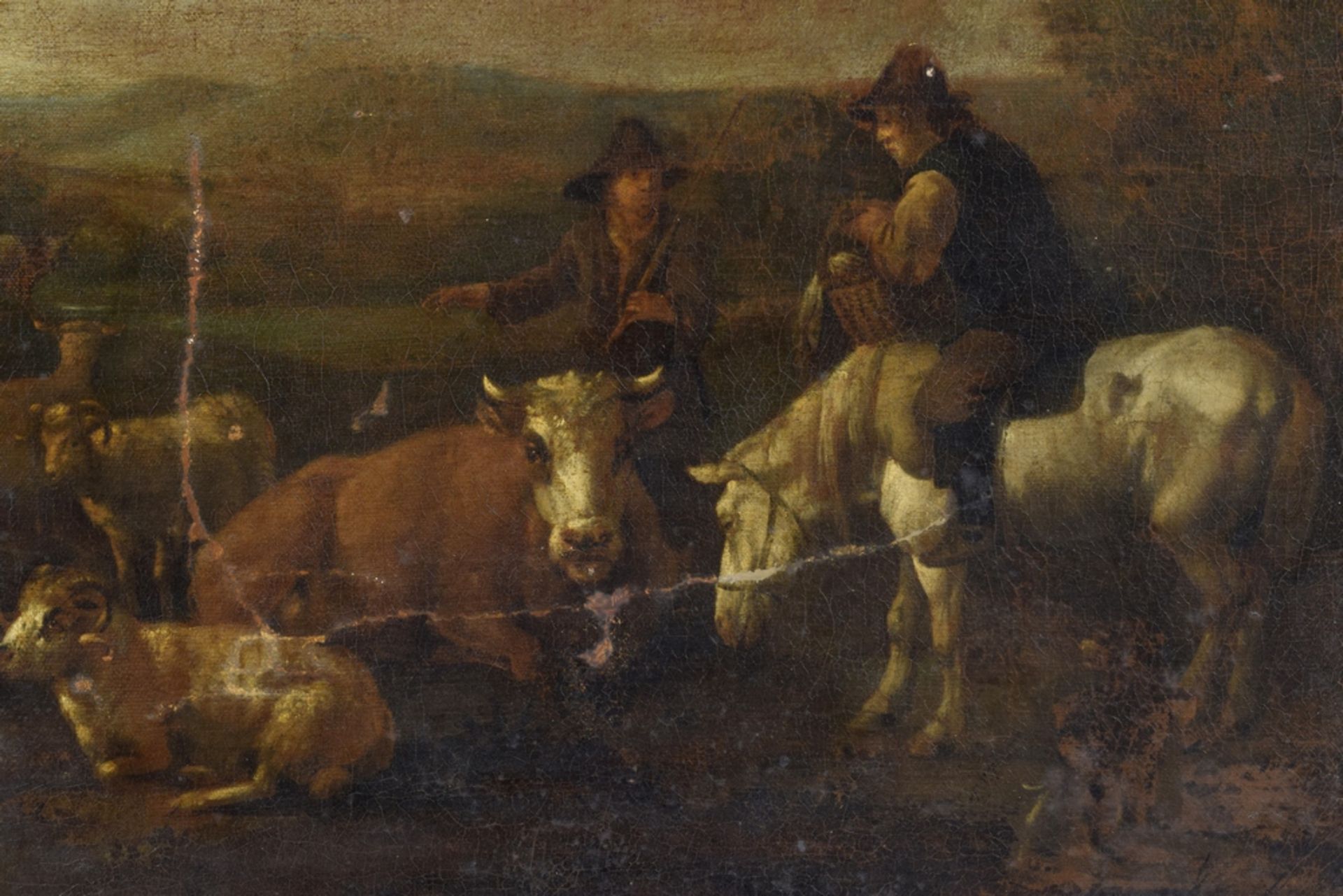Unbekannter Künstler des 18.Jh. "Pastorale Szene mit Viehherde und Personenstaffage" in Art - Bild 3 aus 3