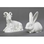 2 Diverse weiße KPM Tiere "Widder" und "Hase", 20.Jh., H. 8/8,5cm 2 white KPM animals ''Aries''