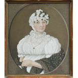 Biedermeier Portrait "Dame mit weißer Spitzenhaube", Gouache/Papier, um 1850, unsigniert, 30,5x25,