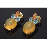 Paar RG 585 Ohrringe mit Feueropal Cabochons (zus.ca. 22,76ct), 2 orange Saphiren (zus. ca. 1,