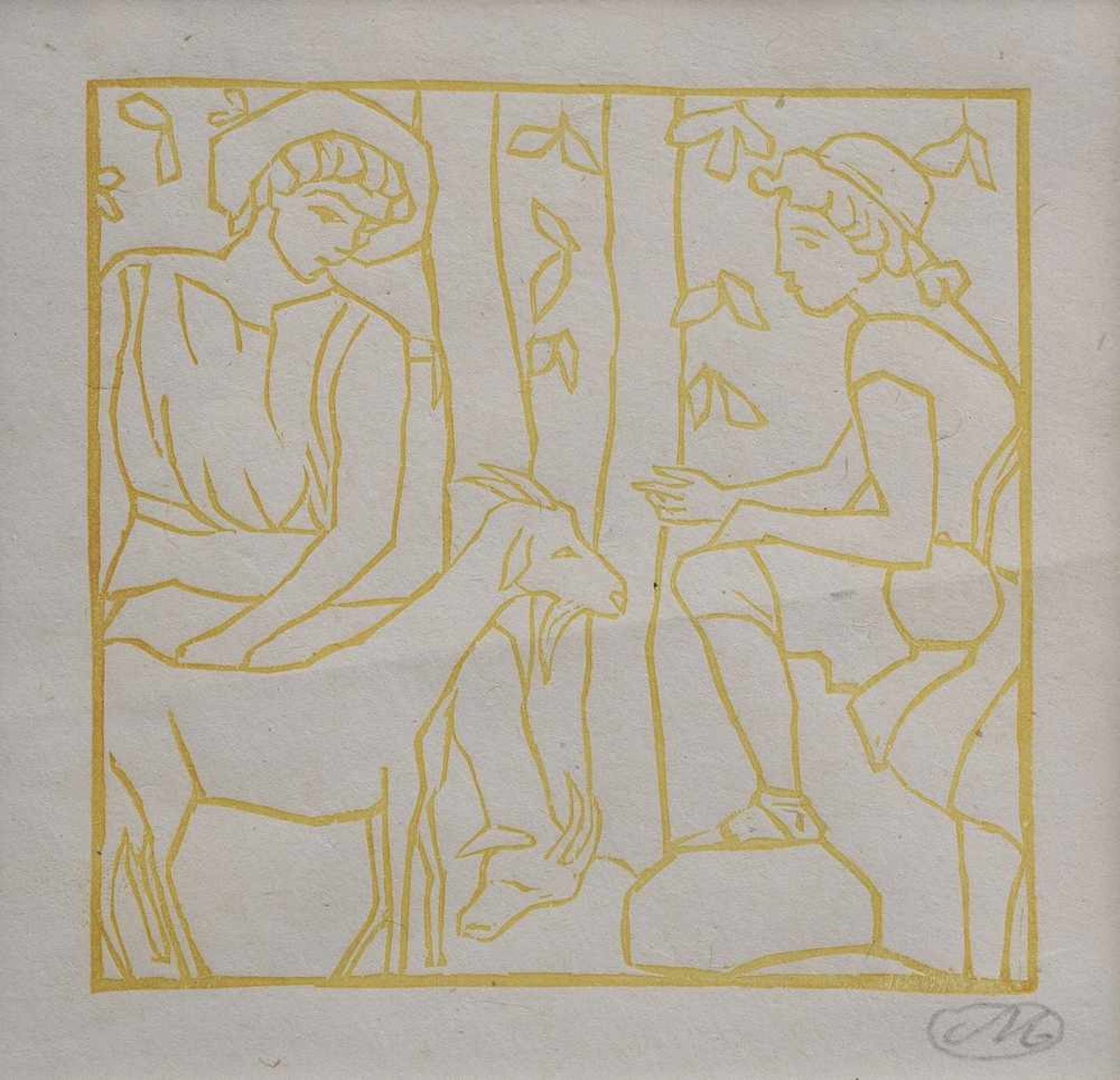 Maillol, Aristide (1861-1944) "Daphnis und Chloe" 1937, Holzschnitt in gelb, u.r.monogr., 10x10cm (