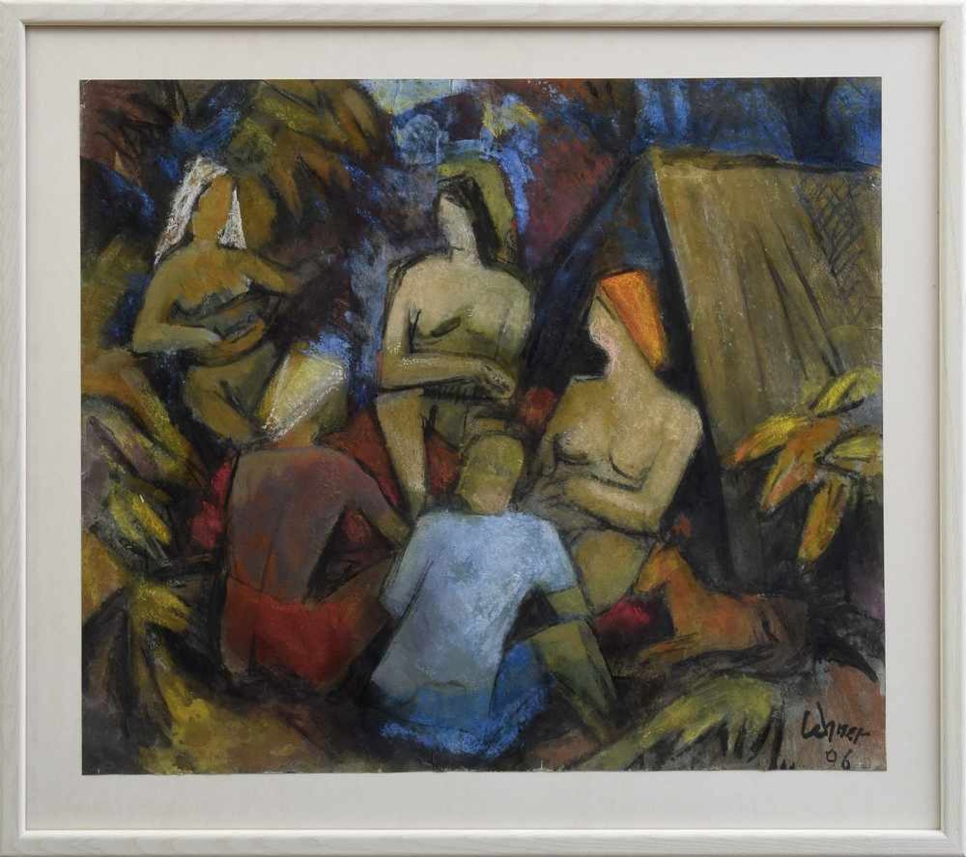 Lehner, Hubertus (1907-2006) "Fünf Personen vor einem Zelt" 1996, Kohle/Pastell/Papier, u.r.sign./ - Bild 2 aus 3