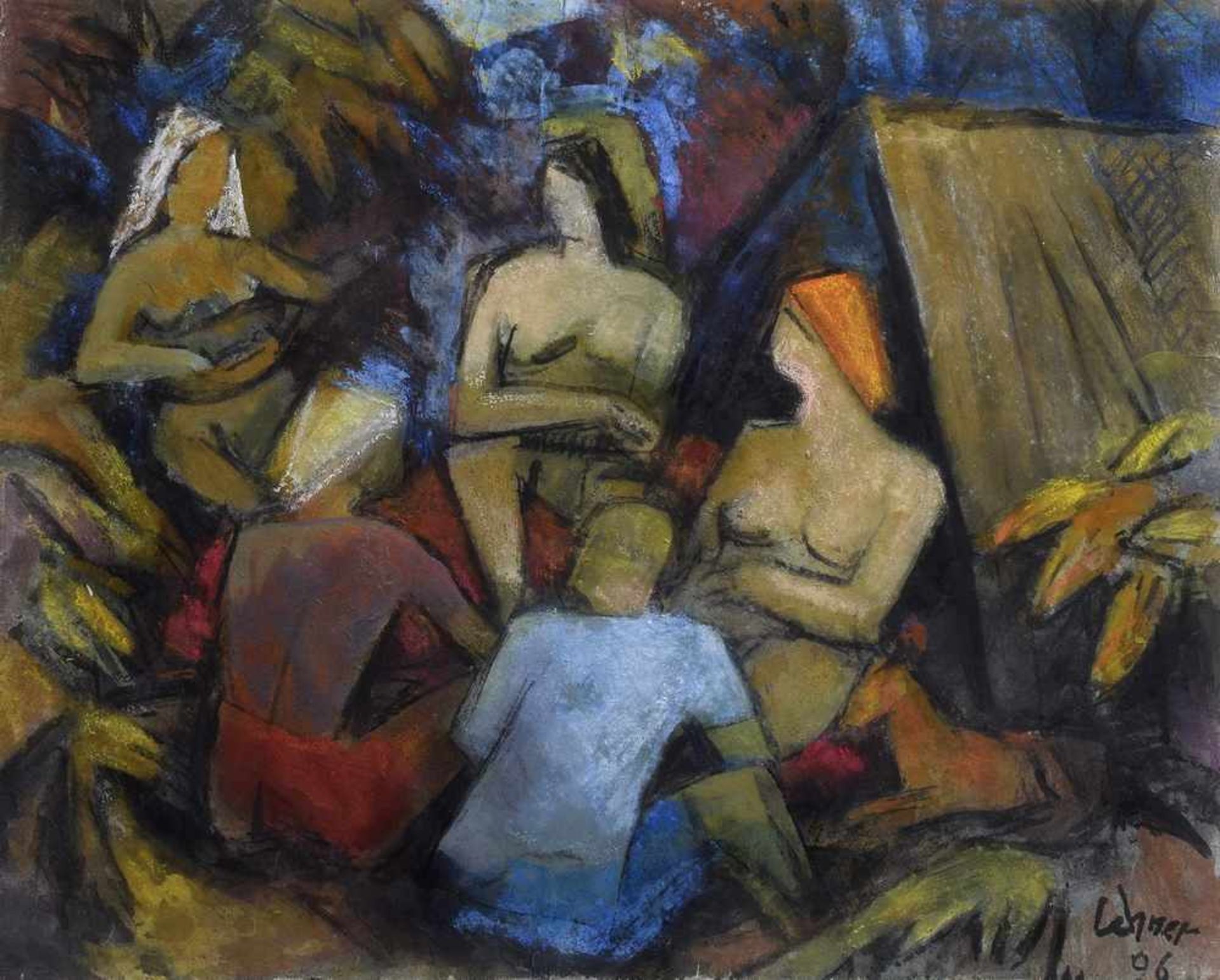 Lehner, Hubertus (1907-2006) "Fünf Personen vor einem Zelt" 1996, Kohle/Pastell/Papier, u.r.sign./