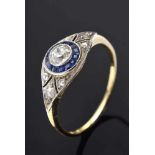 Kleiner GG/WG 750 Art Deco Ring mit Altschliff Diamant und Saphirlunette, 1,7g, Gr. 50 Small GG / WG