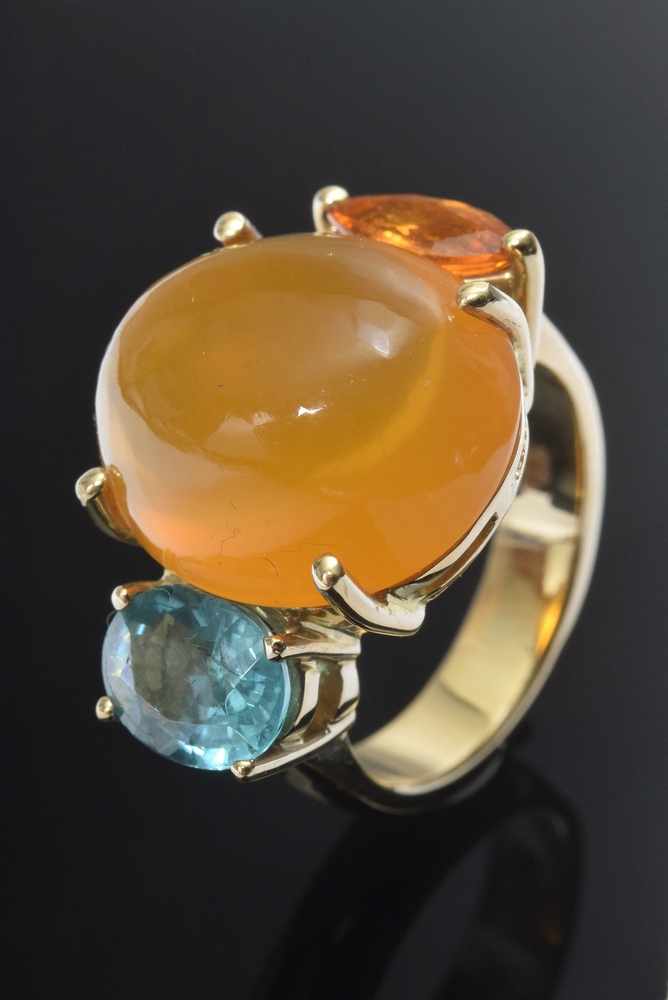 GG 585 Ring mit großem Feueropal Cabochon (ca. 15,3ct, 17x14,5x9mm), orangefarbenem Saphir (0,