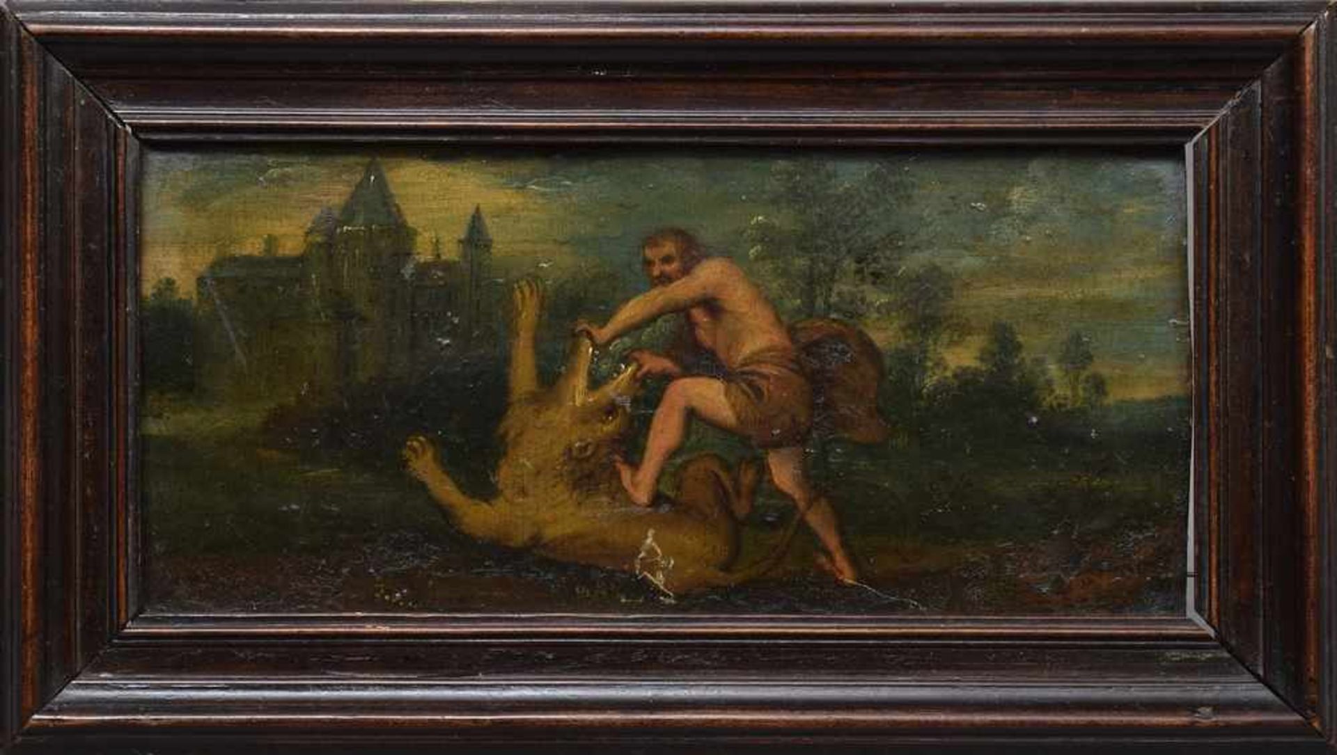 Maler des 18.Jh. "Herkules im Kampf mit dem Nemeischen Löwen", Öl/Kupfer, 9,5x20cm (m.R. 14x25,5cm), - Bild 2 aus 3