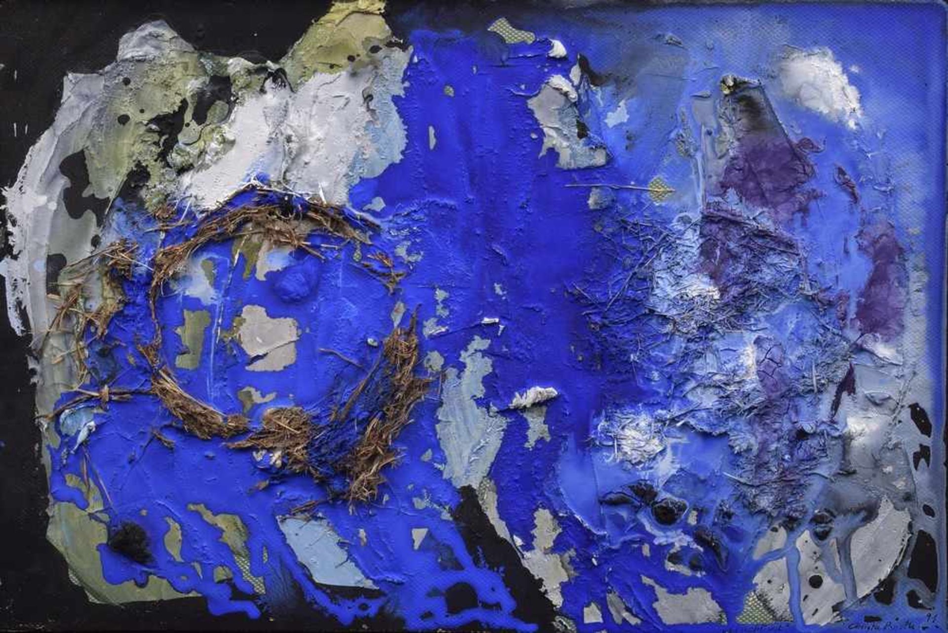 Pyroth, Christa (*1937) "Nachtnest" 1991, Collage, u.r.sign./dat., 33,5x46,5cm (m.R. 52x64,5cm),