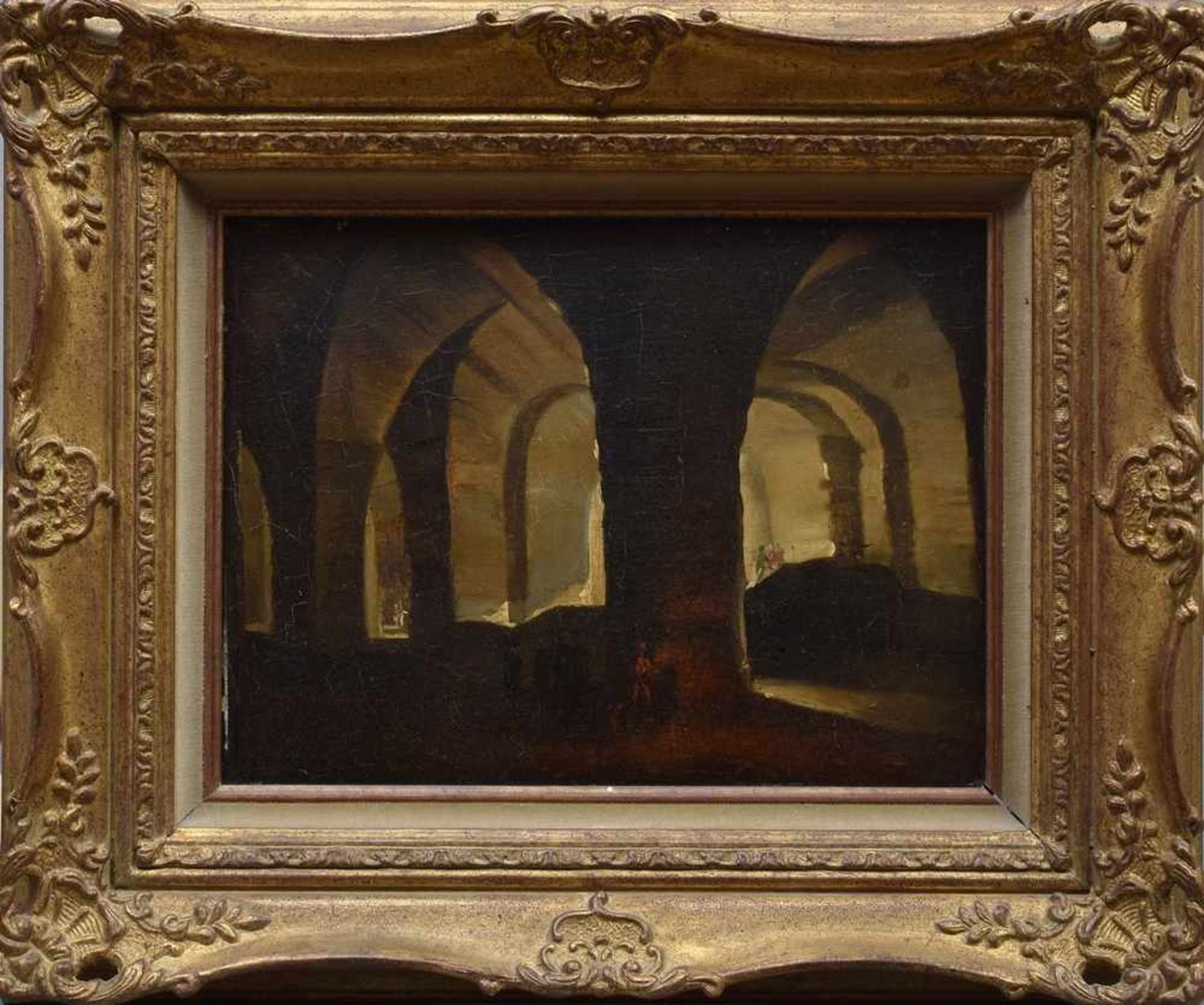 Maler um 1800 "Besichtigung eines Gewölbes (Italien)", Öl/Holz, 19,5x26cm (m.R. 32,5x39cm), Craqulée - Bild 2 aus 3