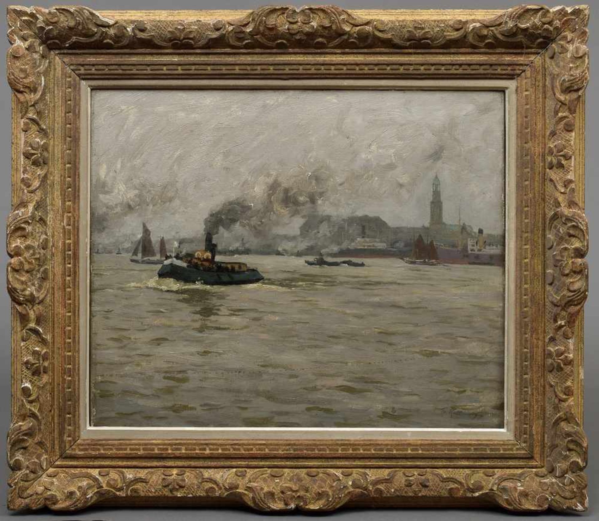 Kallmorgen, Friedrich (1856-1924) "Hamburger Hafen mit Michel", Öl/Leinwand, u.r.sign., 51x61cm (m. - Bild 2 aus 4