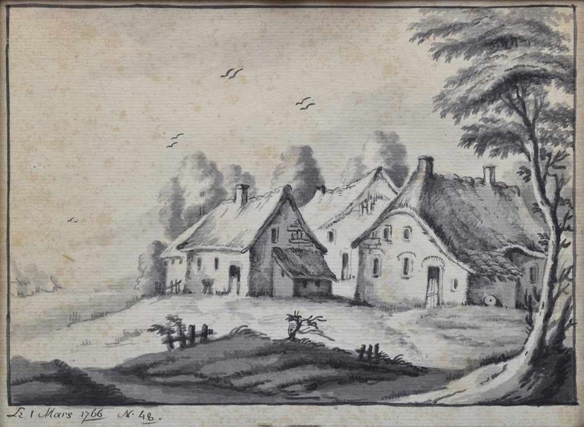 Zeichner des 18.Jh. "Bauernhäuser", lavierte Federzeichnug/Papier, u.l.bez.: "Le I Mars 1766 N. 48",