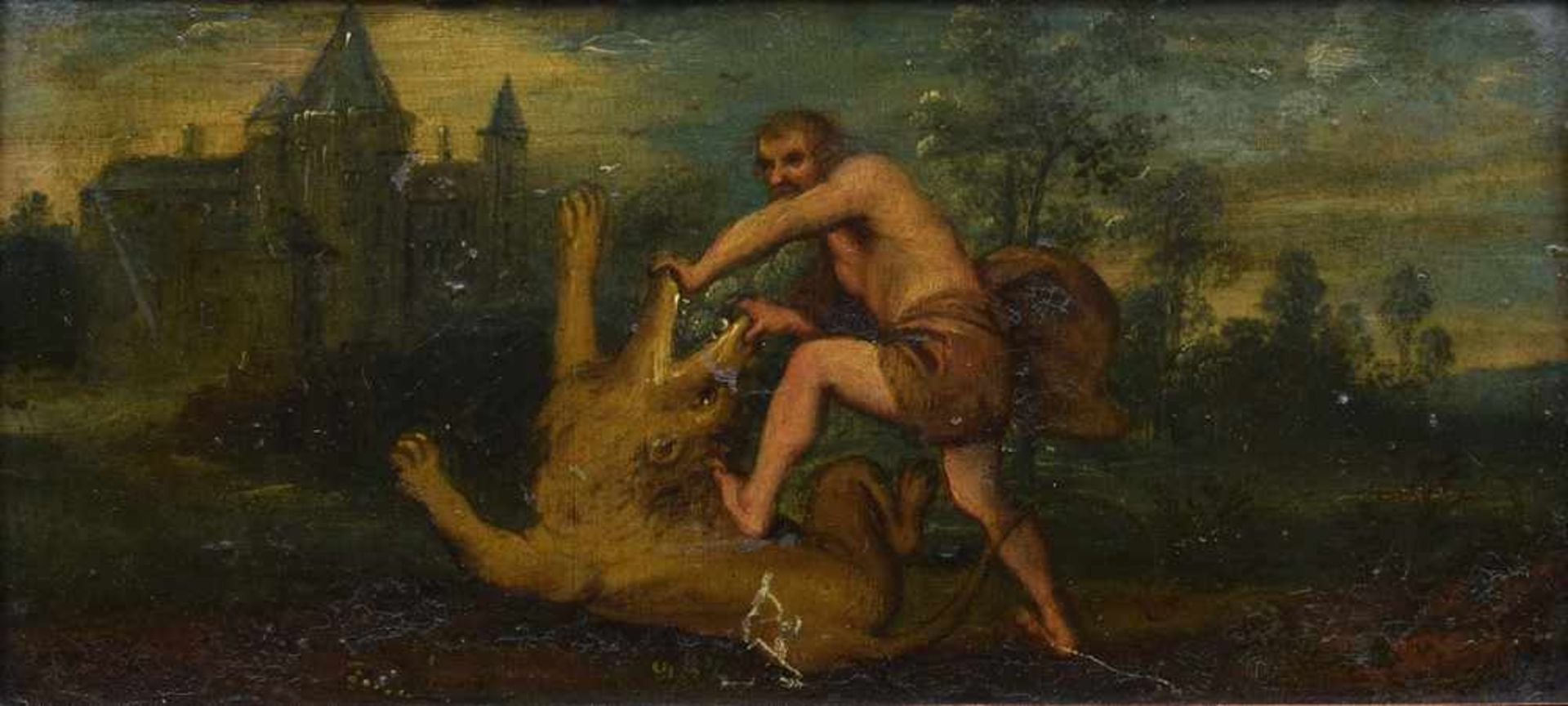 Maler des 18.Jh. "Herkules im Kampf mit dem Nemeischen Löwen", Öl/Kupfer, 9,5x20cm (m.R. 14x25,5cm),