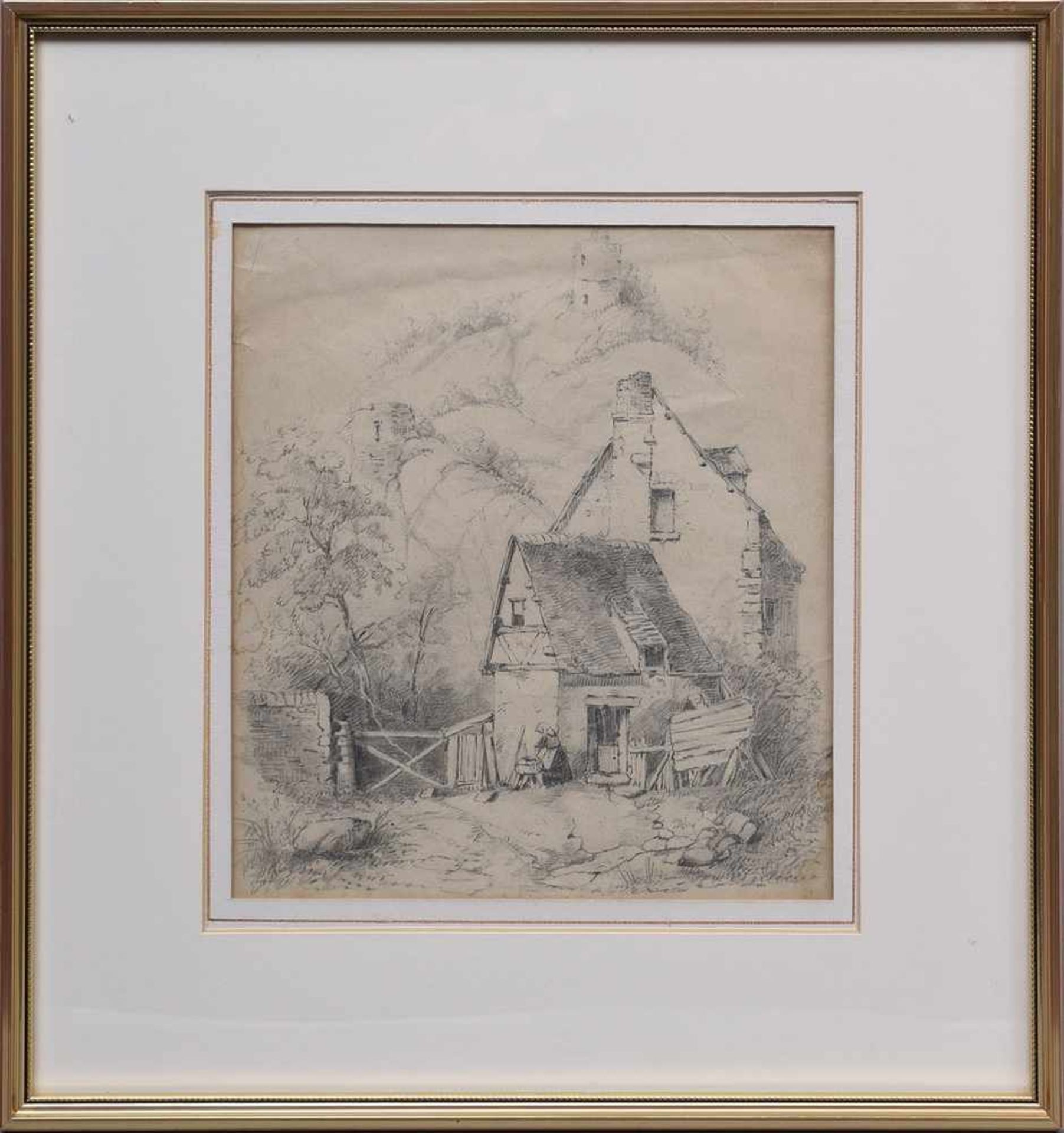 Unbekannter Zeichner "Bauernhaus vor Felsmassiv mit Burgruinen", Blei/Papier, 23x21cm (m.R. 39x36, - Bild 2 aus 2