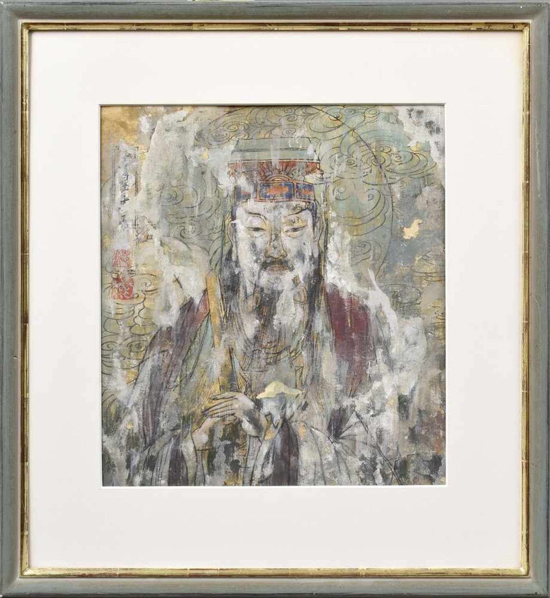 Gouache "Daoistischer Heiliger", m.l.sign. 42x37,5cm, Glas fehlt Gouache ''Daoist Saint'', m.l.sign. - Bild 2 aus 3