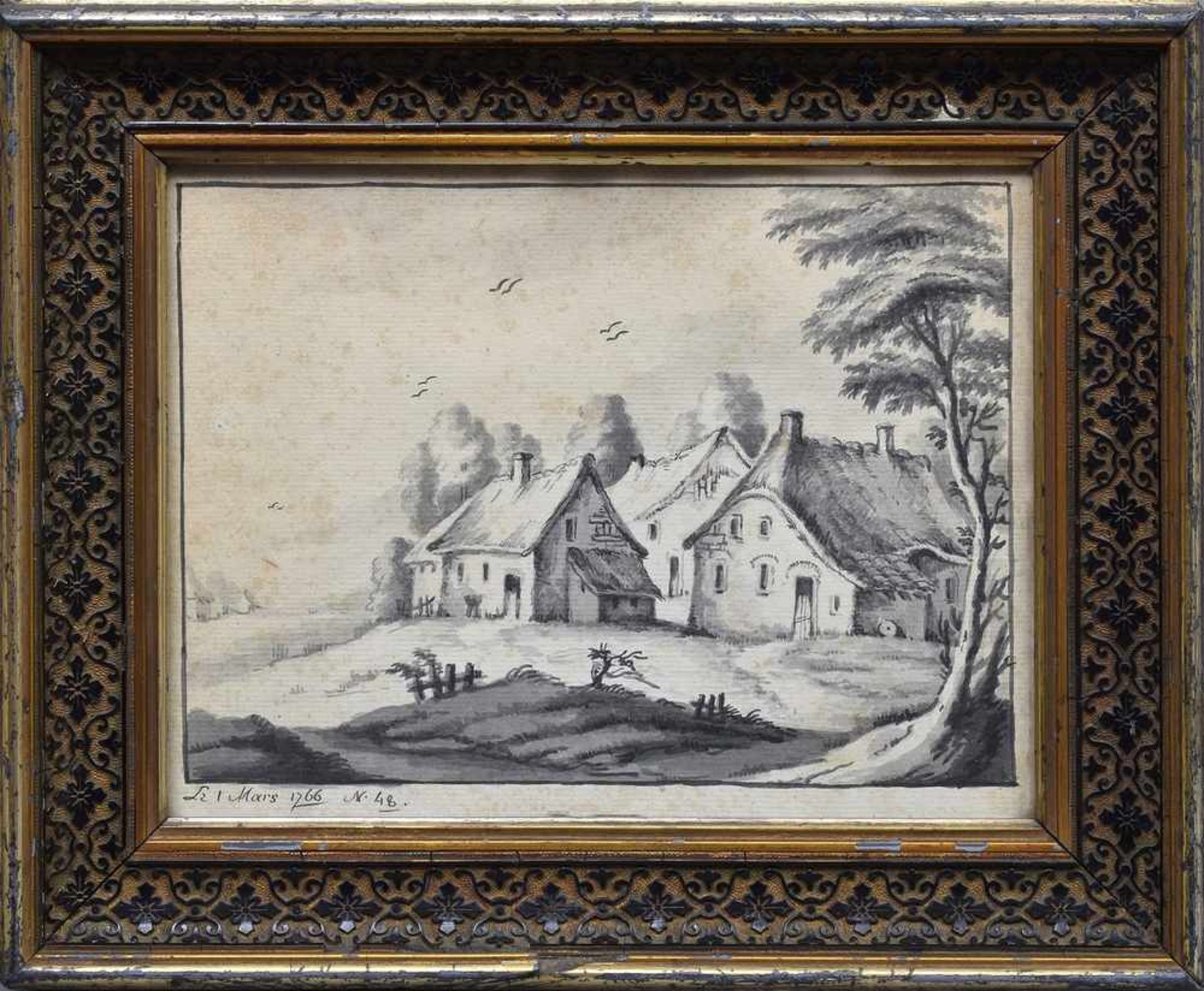 Zeichner des 18.Jh. "Bauernhäuser", lavierte Federzeichnug/Papier, u.l.bez.: "Le I Mars 1766 N. 48", - Bild 2 aus 5