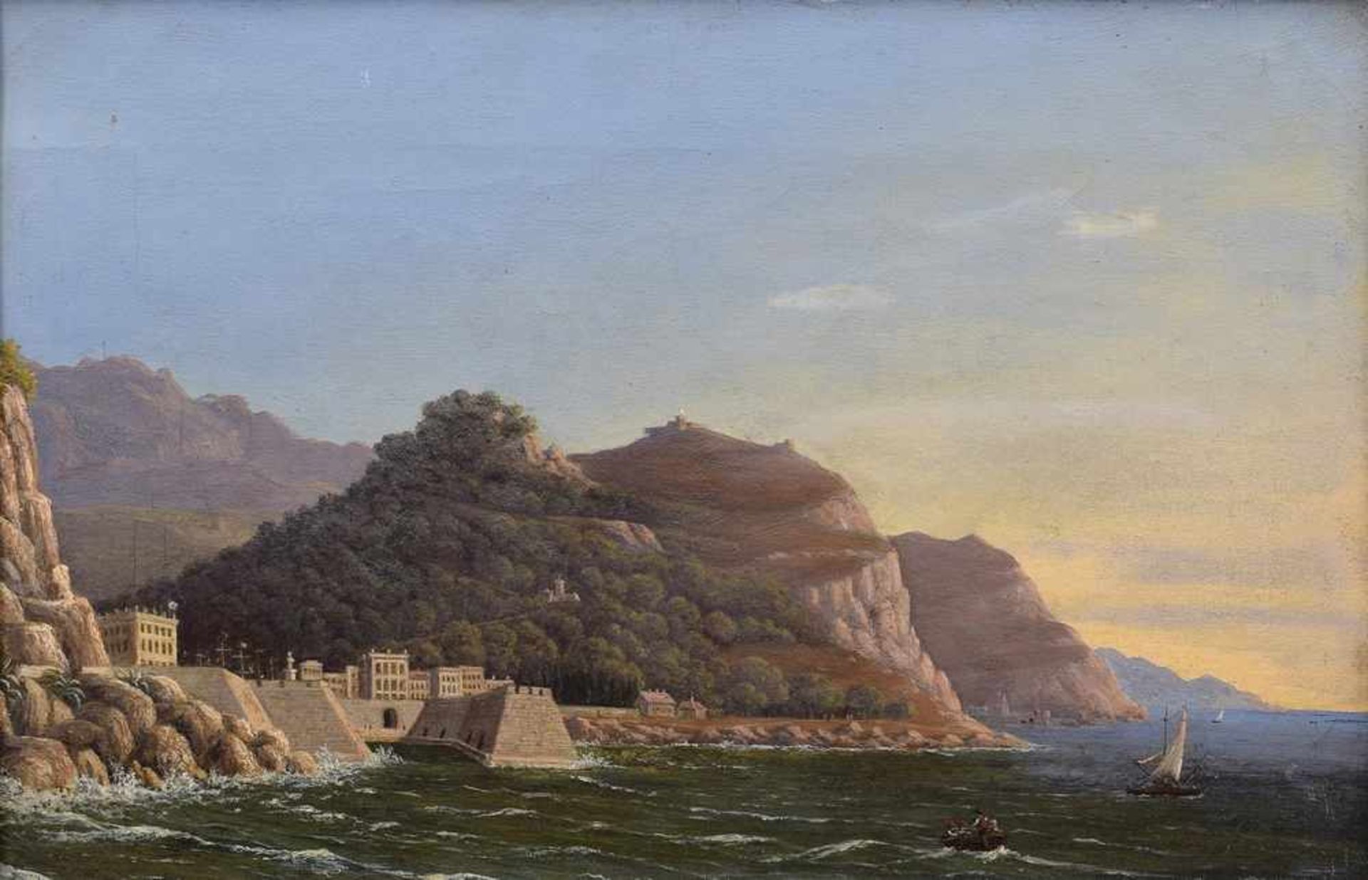 Maler des 19.Jh. "Mittelmeerküste mit alter Hafenfestung" Öl/Leinwand, verso mit Stempel "