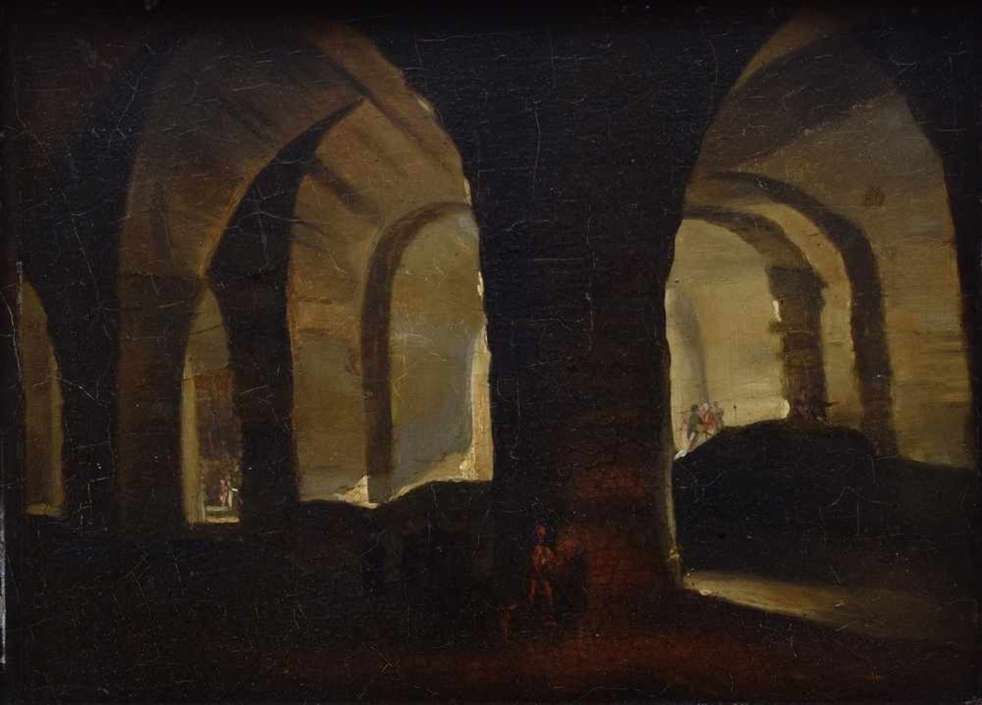Maler um 1800 "Besichtigung eines Gewölbes (Italien)", Öl/Holz, 19,5x26cm (m.R. 32,5x39cm), Craqulée
