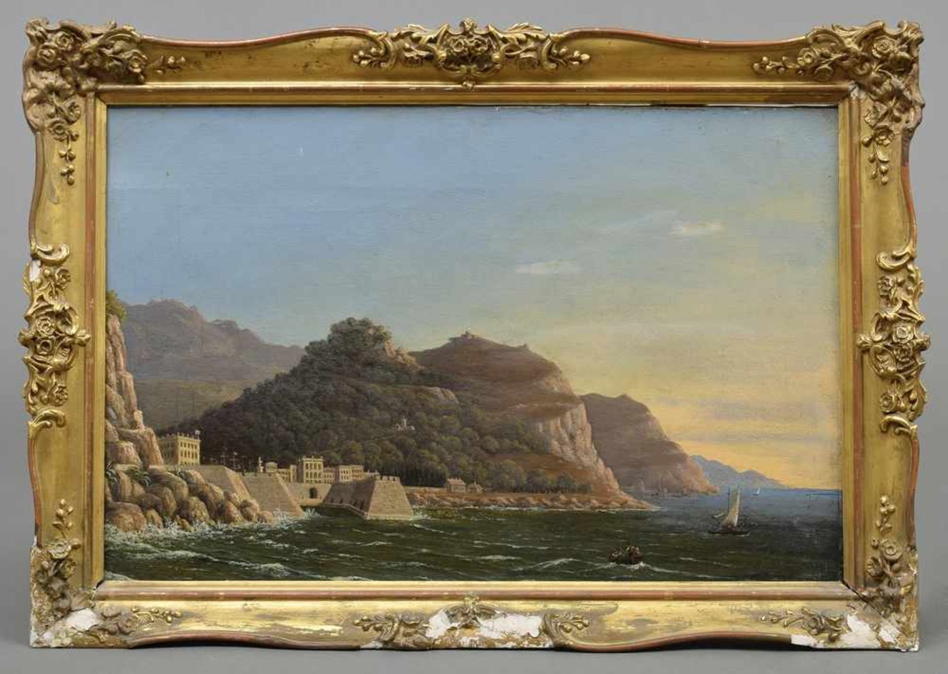 Maler des 19.Jh. "Mittelmeerküste mit alter Hafenfestung" Öl/Leinwand, verso mit Stempel " - Bild 2 aus 7