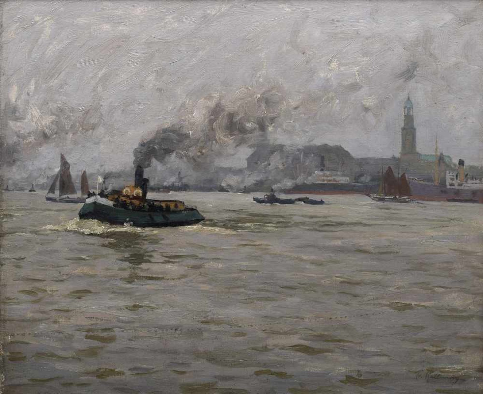Kallmorgen, Friedrich (1856-1924) "Hamburger Hafen mit Michel", Öl/Leinwand, u.r.sign., 51x61cm (m.