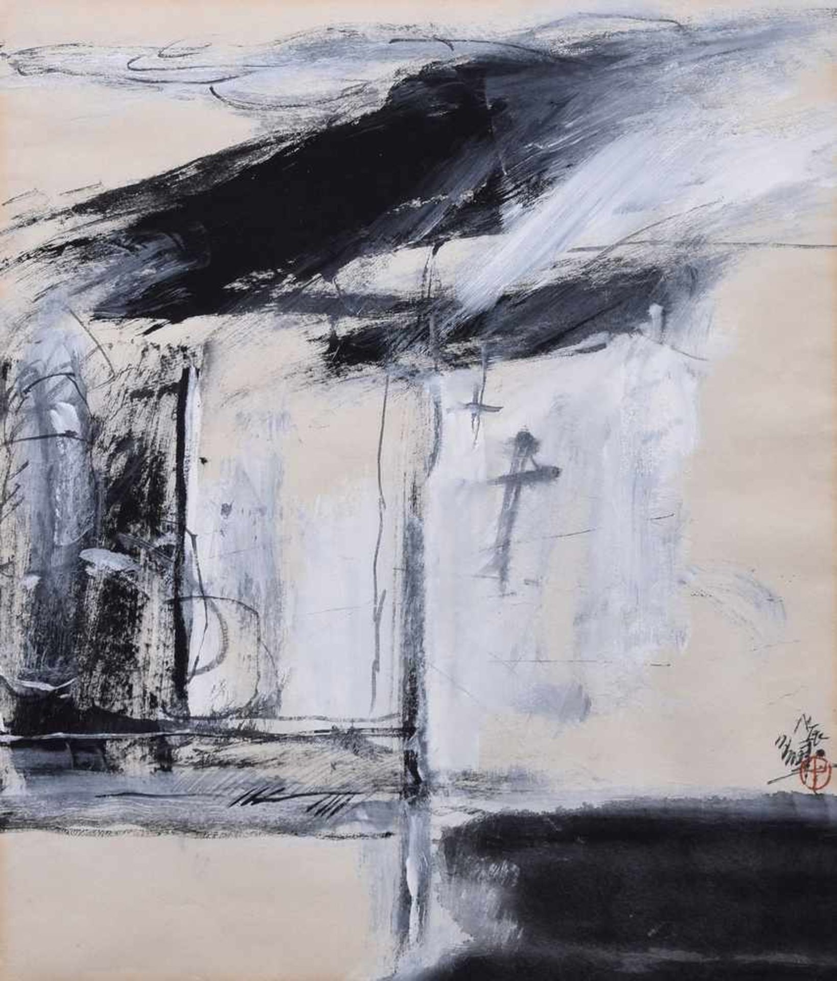 Liu Jian (*1926) "Abstrakte Komposition" 1961, u.r.sign./mit Siegel, verso dat., 41,5x34cm (m.R.