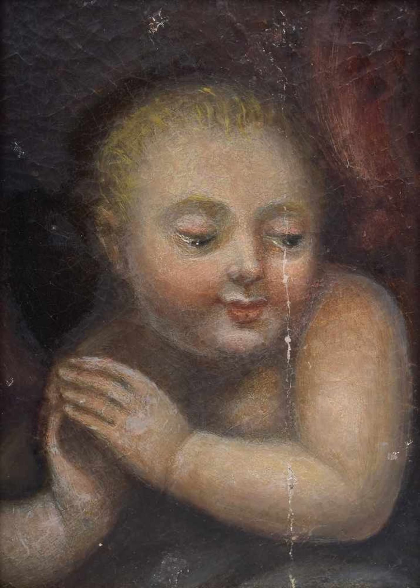 Sakrales Gemäldefragment "Betender Putto", 2.Hälfte 18.Jh., Öl/Leinwand auf Holz aufgezogen, in - Bild 2 aus 3