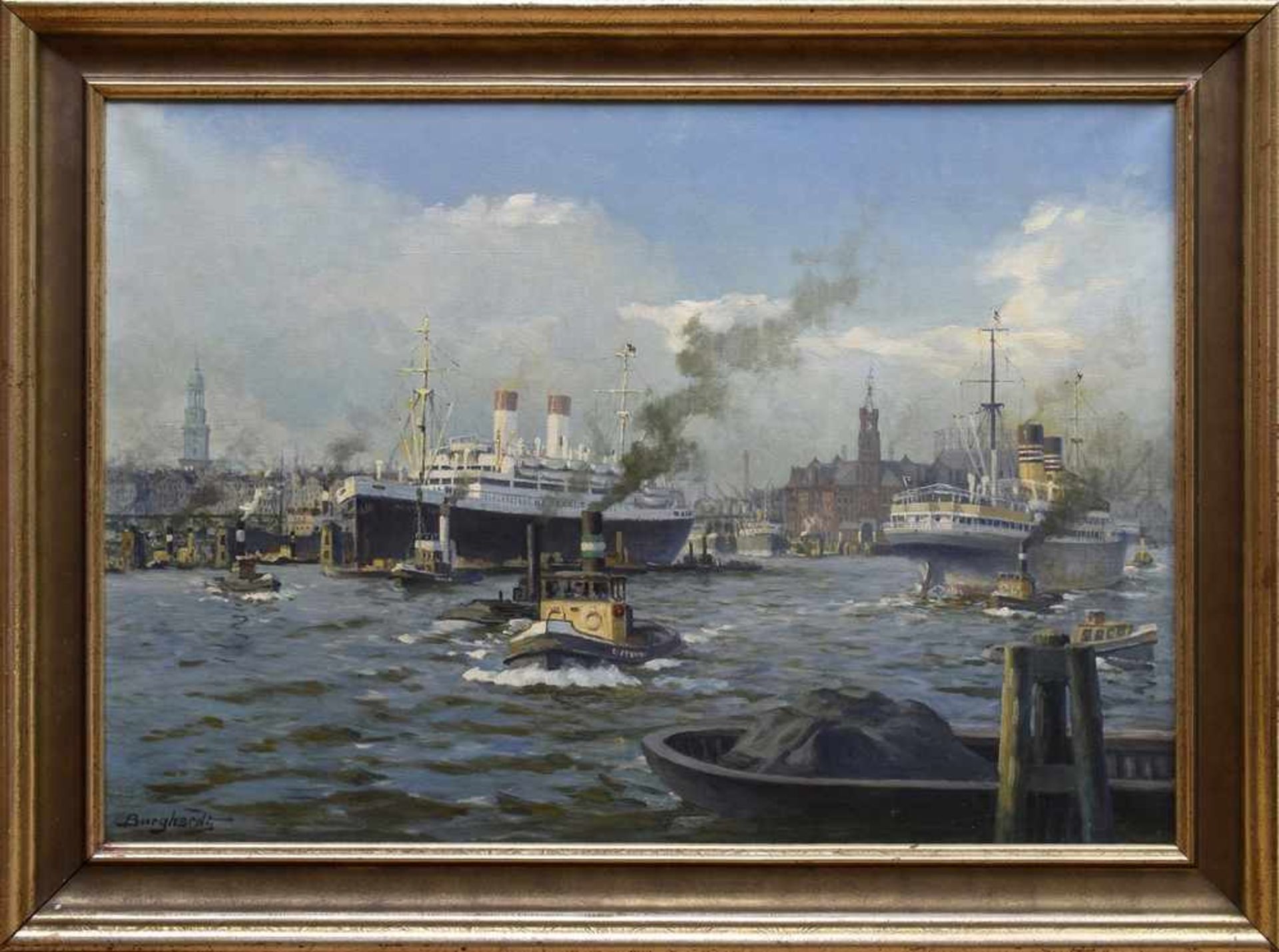 Burghardt, Gustav Paul (1875-1955) "Hamburger Hafen mit Kehrwiederspitze und Schiffsverkehr", Öl/ - Bild 2 aus 4