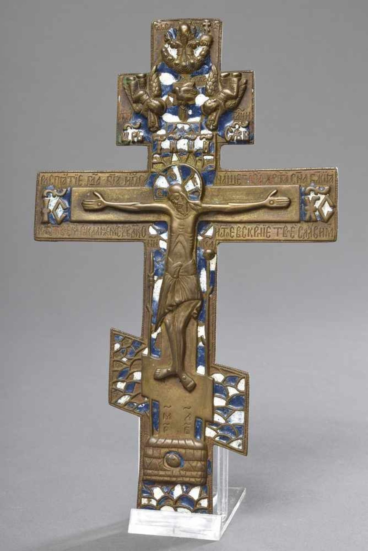 Russisches Bronze Kreuz mit Emaillierung, verso beschriftet, 22,5x14cm Russian bronze cross with