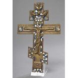 Russisches Bronze Kreuz mit Emaillierung, verso beschriftet, 22,5x14cm Russian bronze cross with
