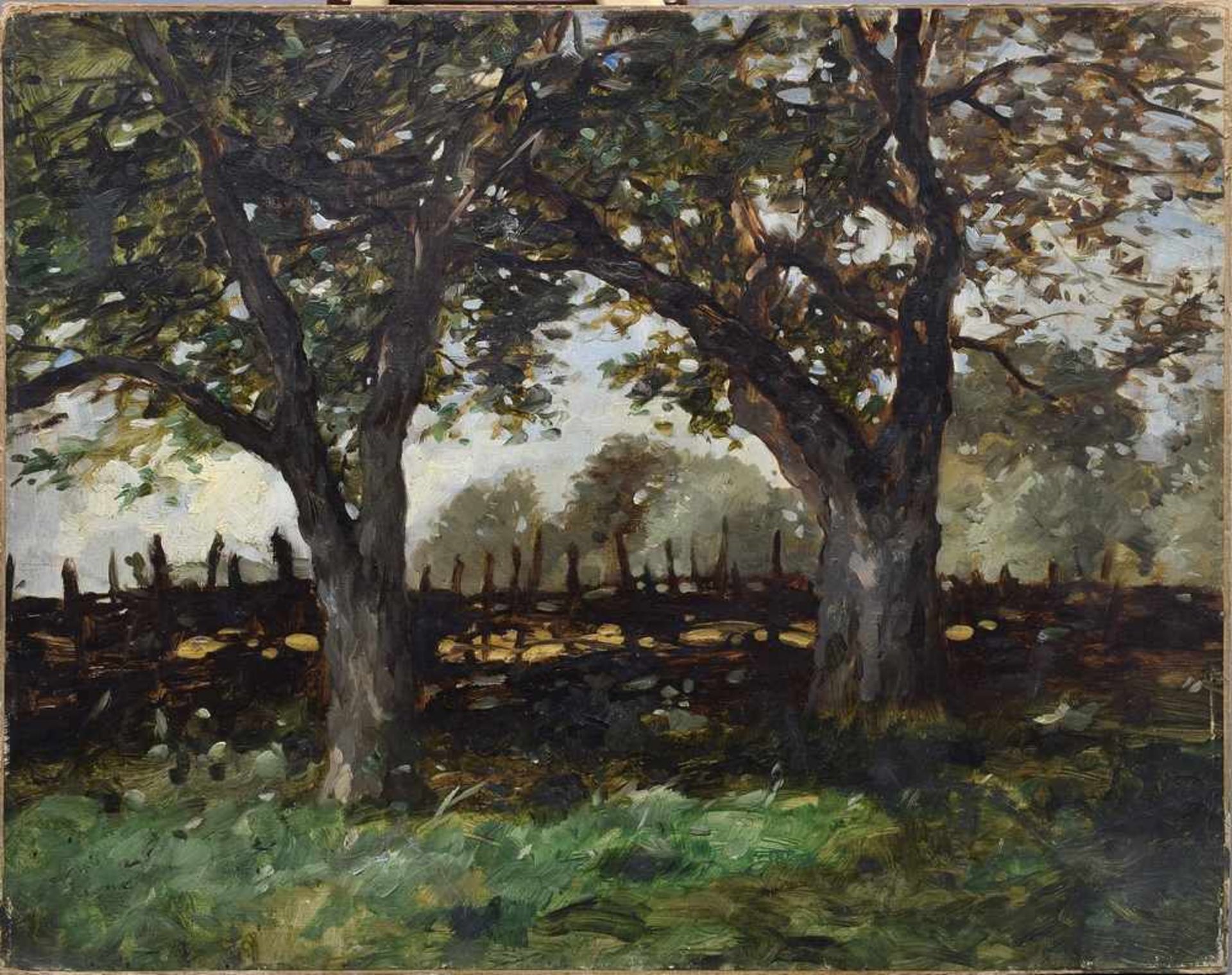 Herbst, Thomas (1848-1915) "Zwei Bäume", Öl/Malpappe, verso Nachlass Stempel, 50,5x66cm Herbst,