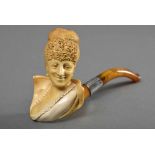 Meerschaum Pfeifenkopf "Lachende Dame" in Etui (Ed Siglos/Barcelona), Klebeetikett "Christies", H.